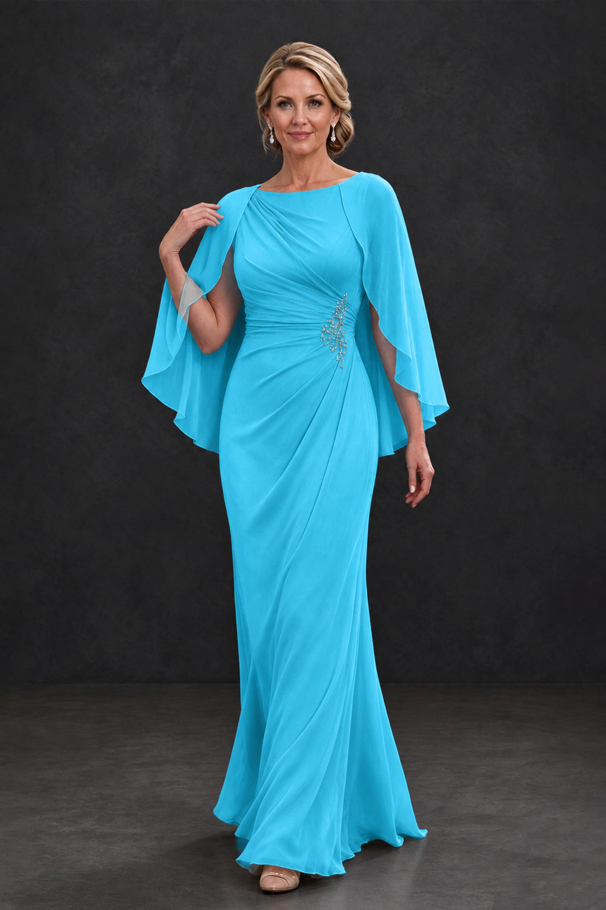 BOLODOO Pool Cape Sleeve Mother of the Bride Dress with Ruched Waist - Pool - Pool_4