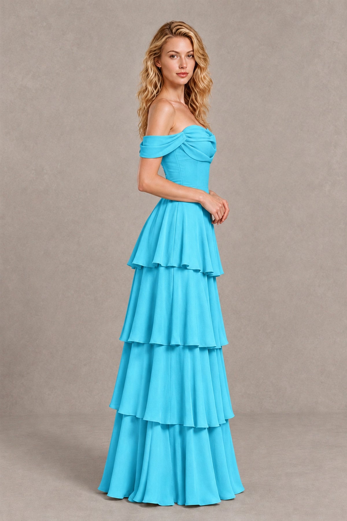BOLODOO Pool Off-the-Shoulder Tiered A-Line Evening Bridesmaid Dress - Pool - Pool_4
