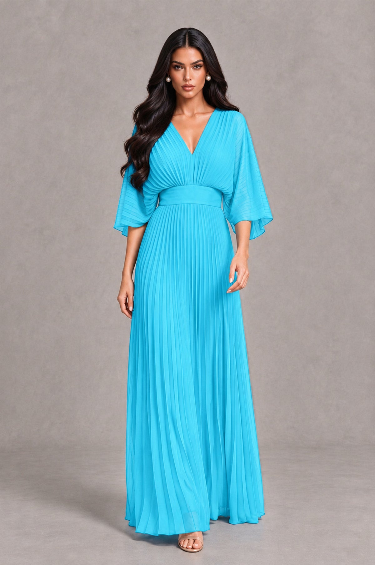 BOLODOO Pool V-Neck Pleated Flutter Sleeve Formal Dress - Pool - Pool_4