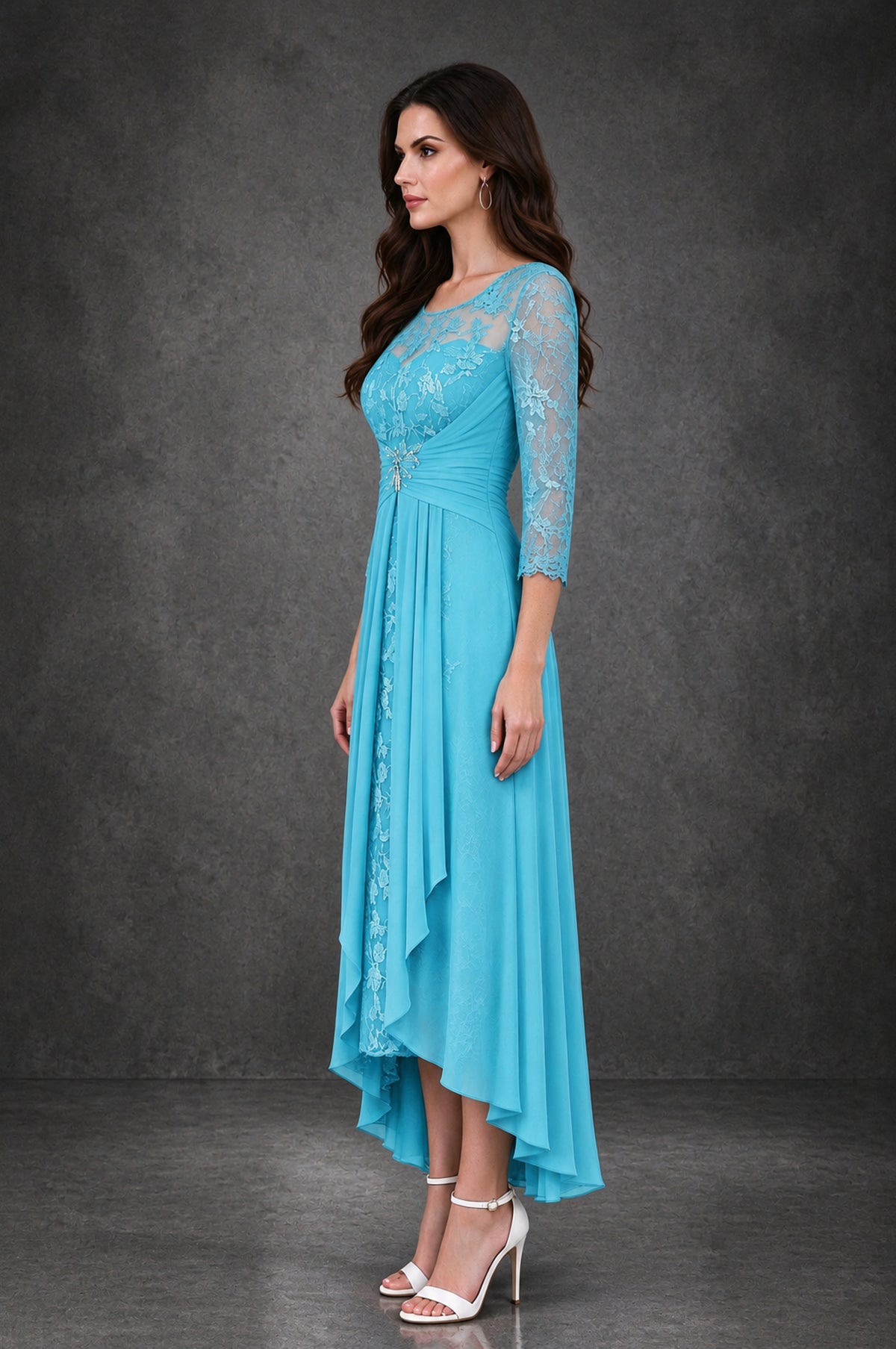 BOLODOO Pool Sequin Lace & Chiffon Tea-Length Mother of the Bride Dress with 3/4 Sleeves - Pool - Pool_4