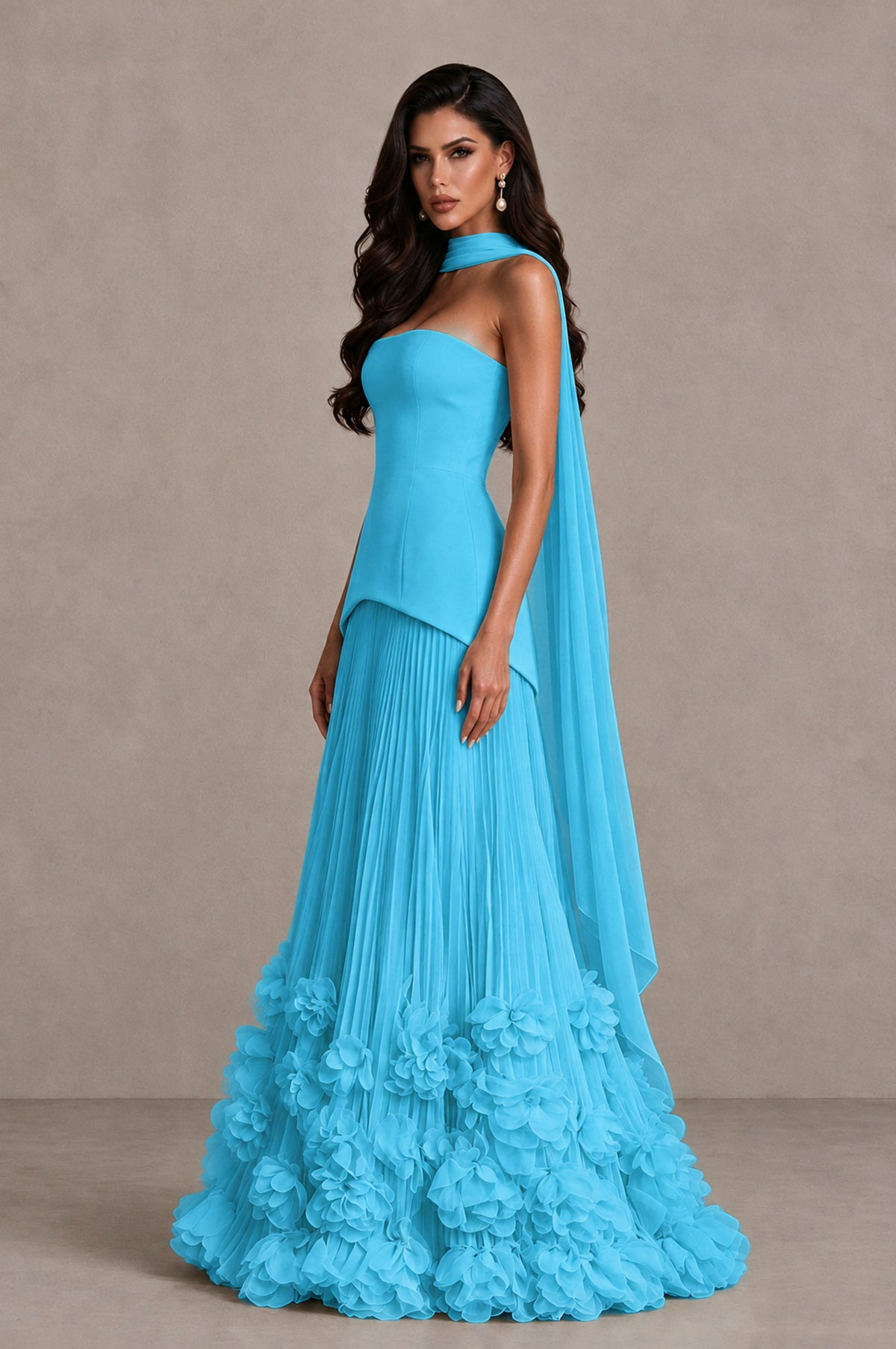 BOLODOO Pool Strapless Pleated Floral Hem Evening Gown - Pool - Pool_4