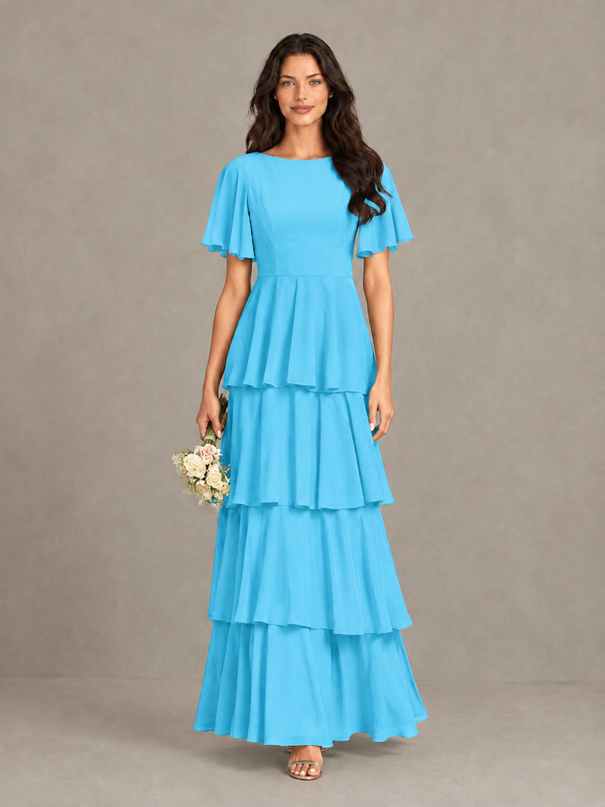 BOLODOO Pool Tiered Flutter Sleeve Bridesmaid Dress - Pool - Pool_4