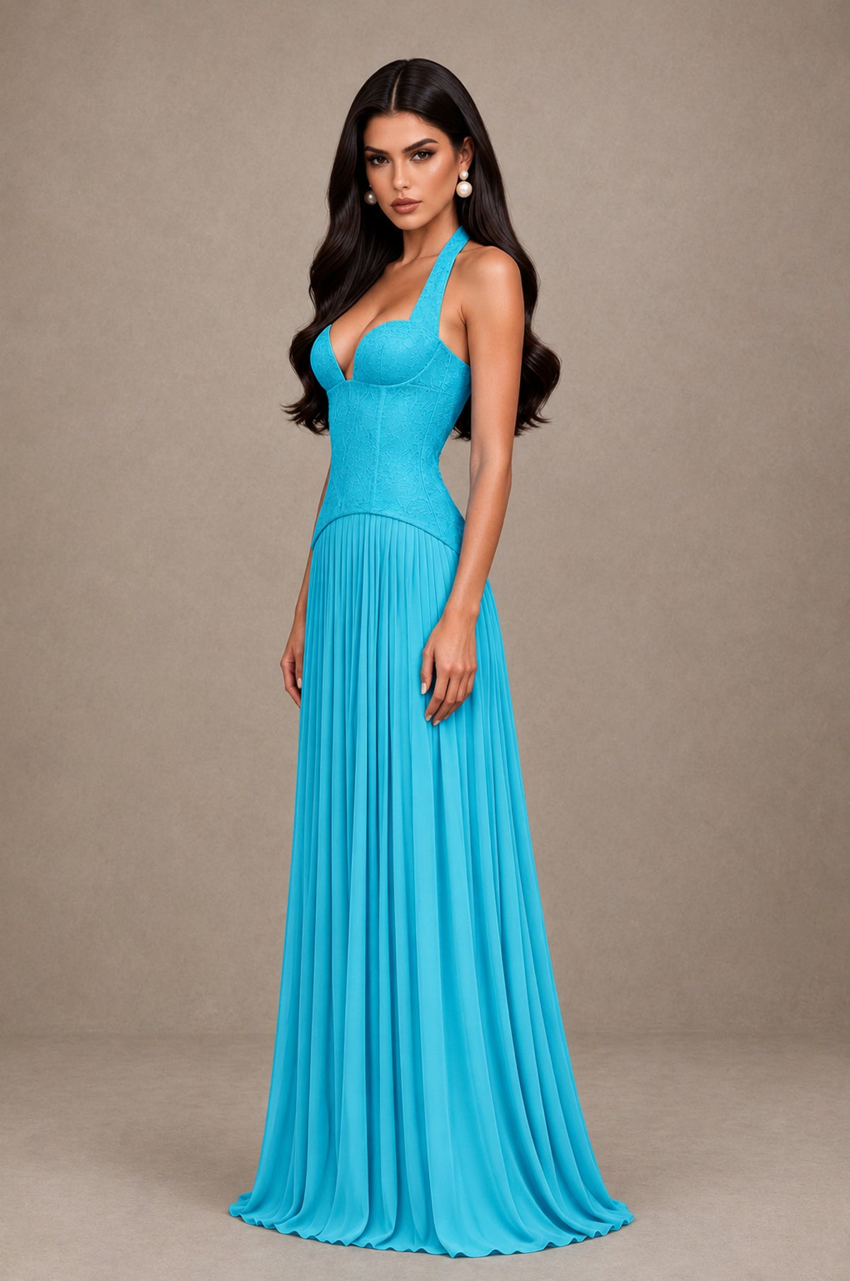 BOLODOO Pool Halter Corset Pleated A-Line Evening Dress - Pool - Pool_4