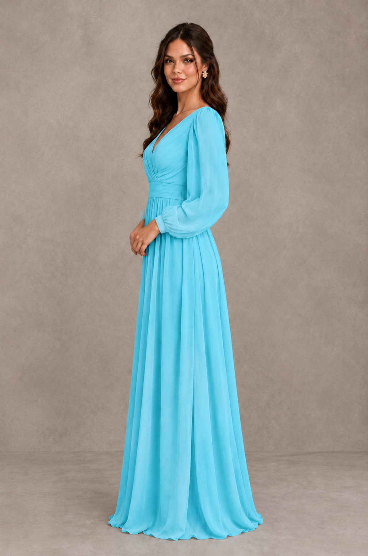 BOLODOO Pool Long Sleeve V-Neck A-Line Bridesmaid Dress - Pool - Pool_4