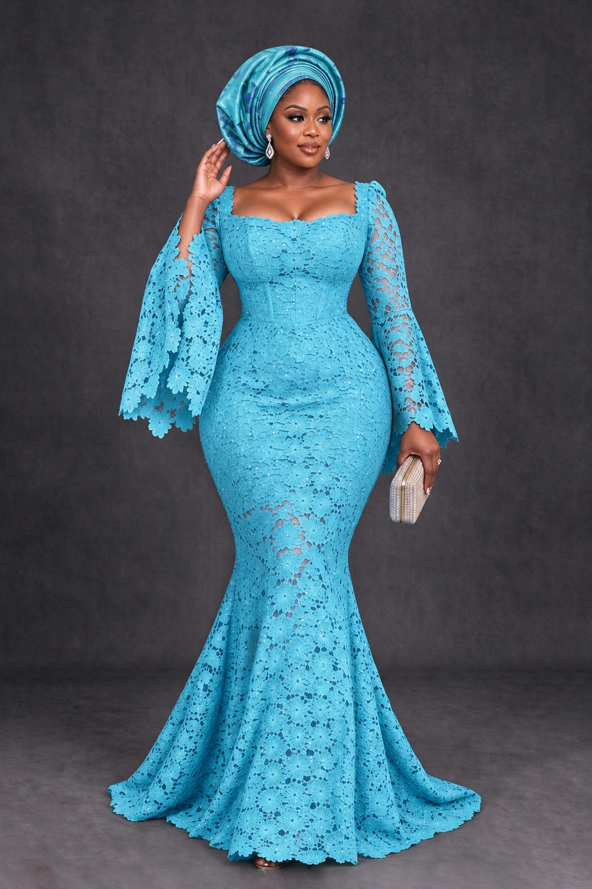 BOLODOO Pool African Lace Mermaid Dress, Plus Size Nigerian Wedding Guest Gown with Bell Sleeves - Pool - Pool_4