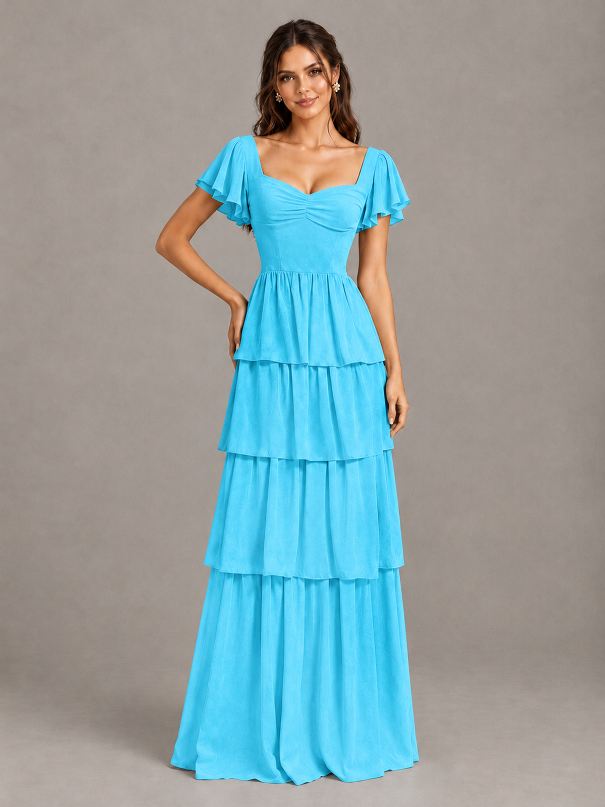 BOLODOO Pool Flutter Sleeve Tiered Maxi Bridesmaid Dress - Pool - Pool_4
