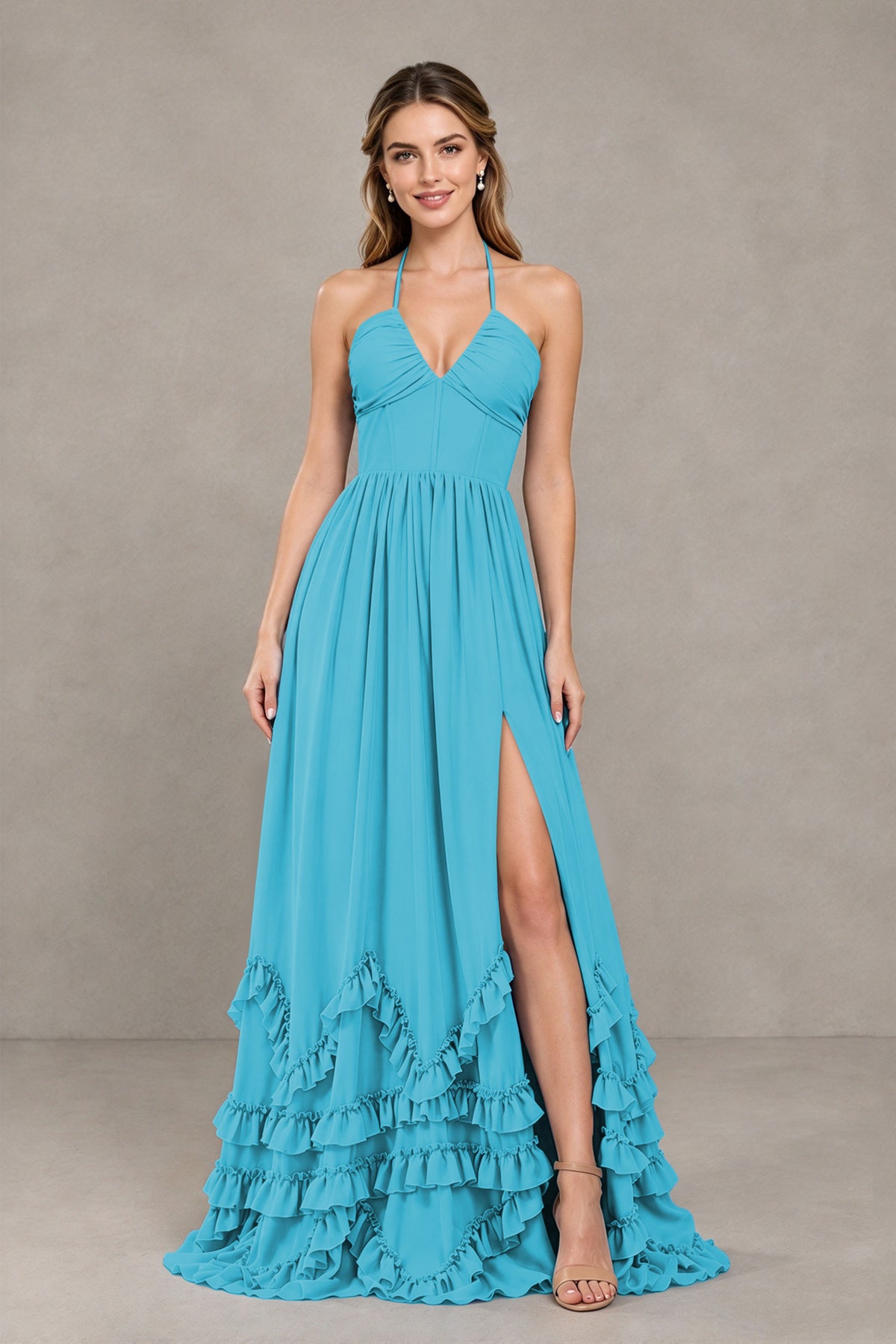 BOLODOO Pool Halter Ruffle Hem A-Line Bridesmaid Dress with High Slit - Pool - Pool(4)