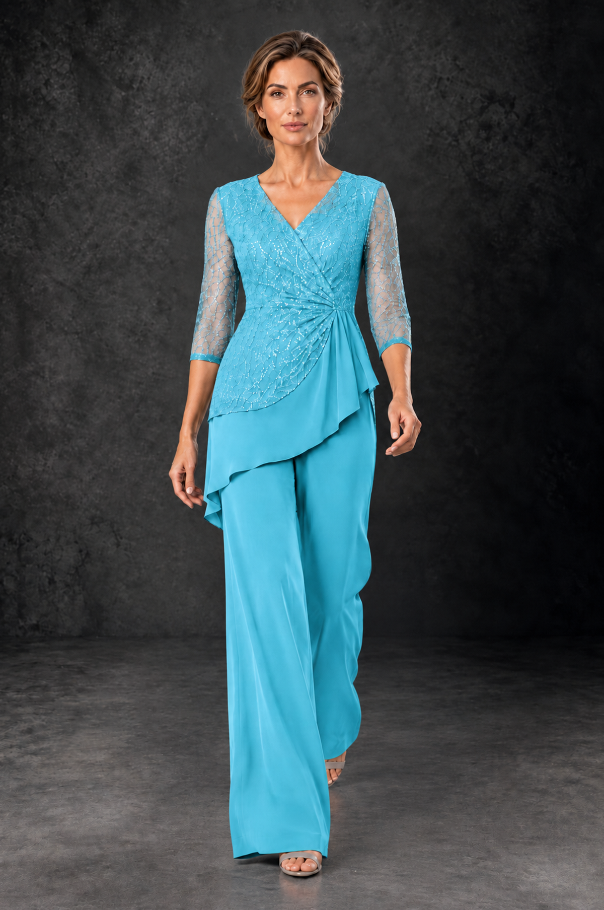 BOLODOO Pool Sequin Lace 3/4 Sleeve Chiffon Mother of the Bride Pant Suit - Pool - Pool_4