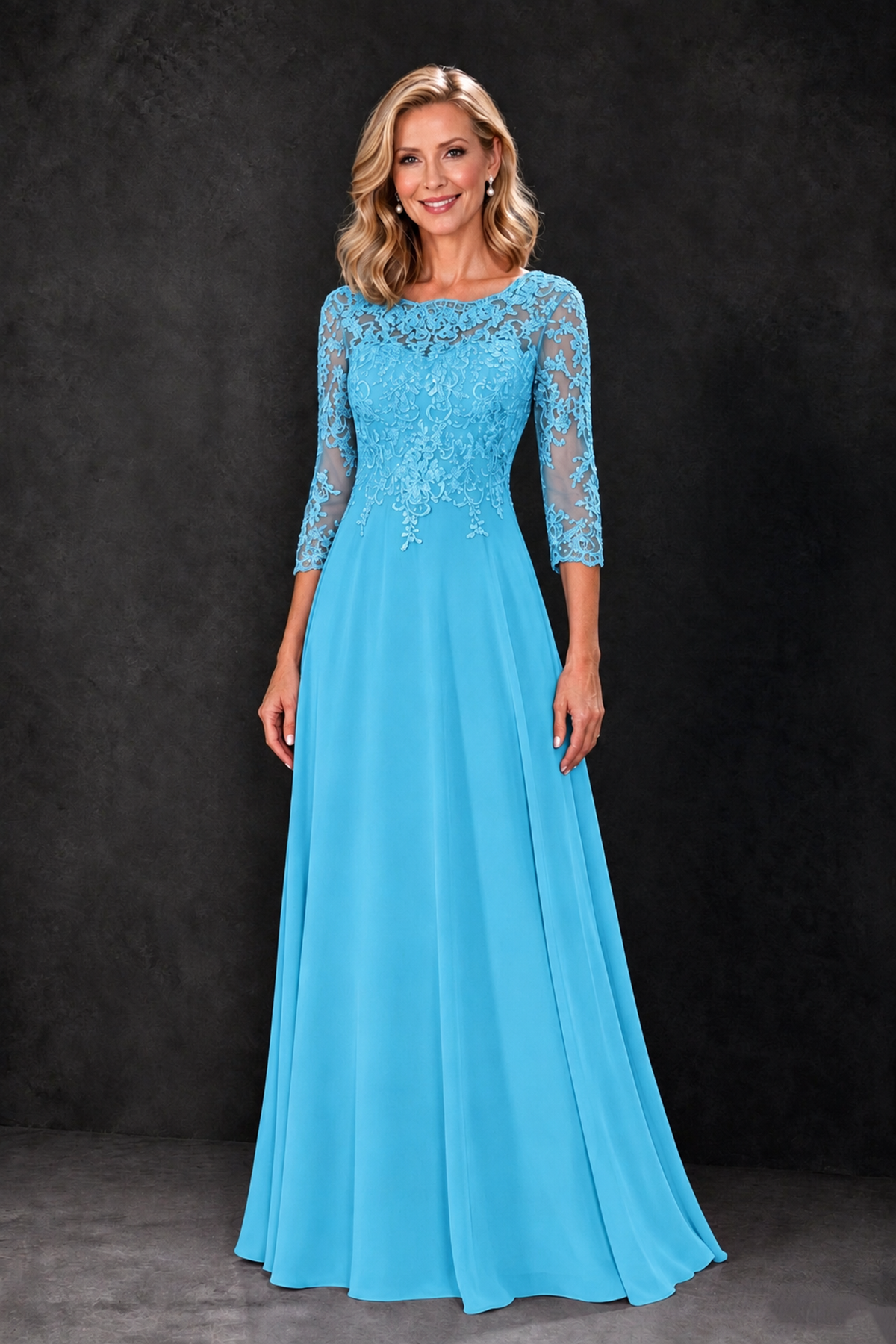 BOLODOO Pool Lace Embroidered Mother of the Bride Dress with 3/4 Sleeves - Pool - Pool_4