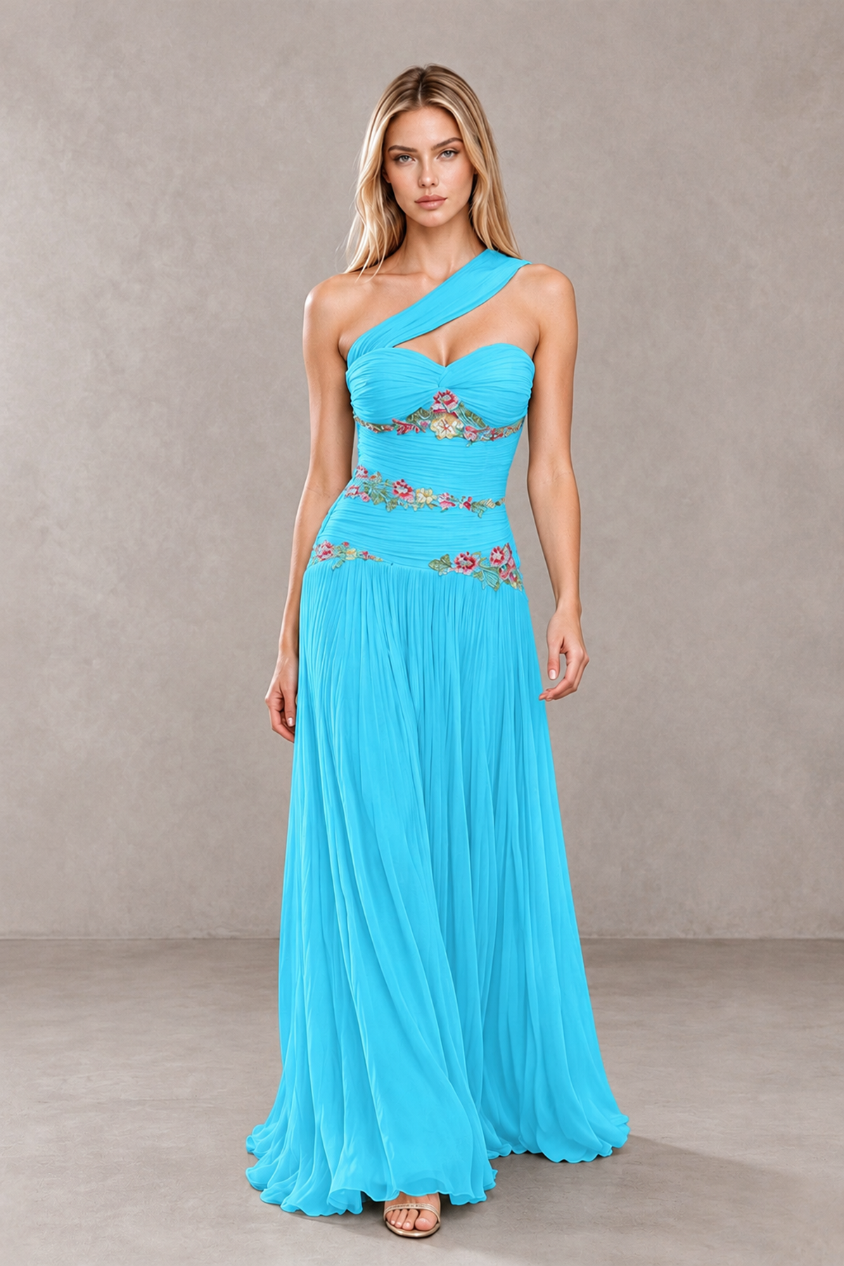 BOLODOO Pool One-Shoulder Floral Applique A-Line Evening Dress - Pool - Pool_4