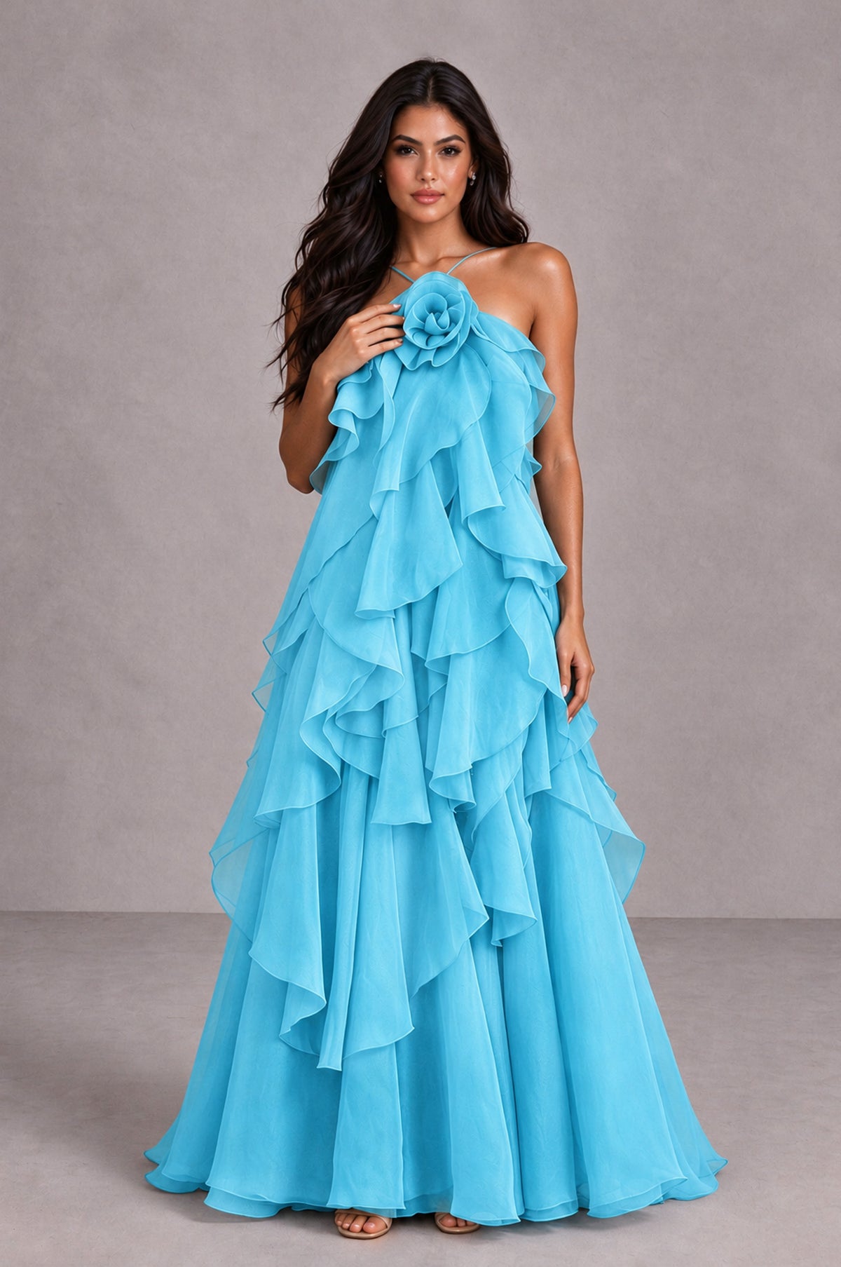 BOLODOO Pool Cascading Ruffle Rosette Open-Back Maxi Dress - Pool - Pool_4