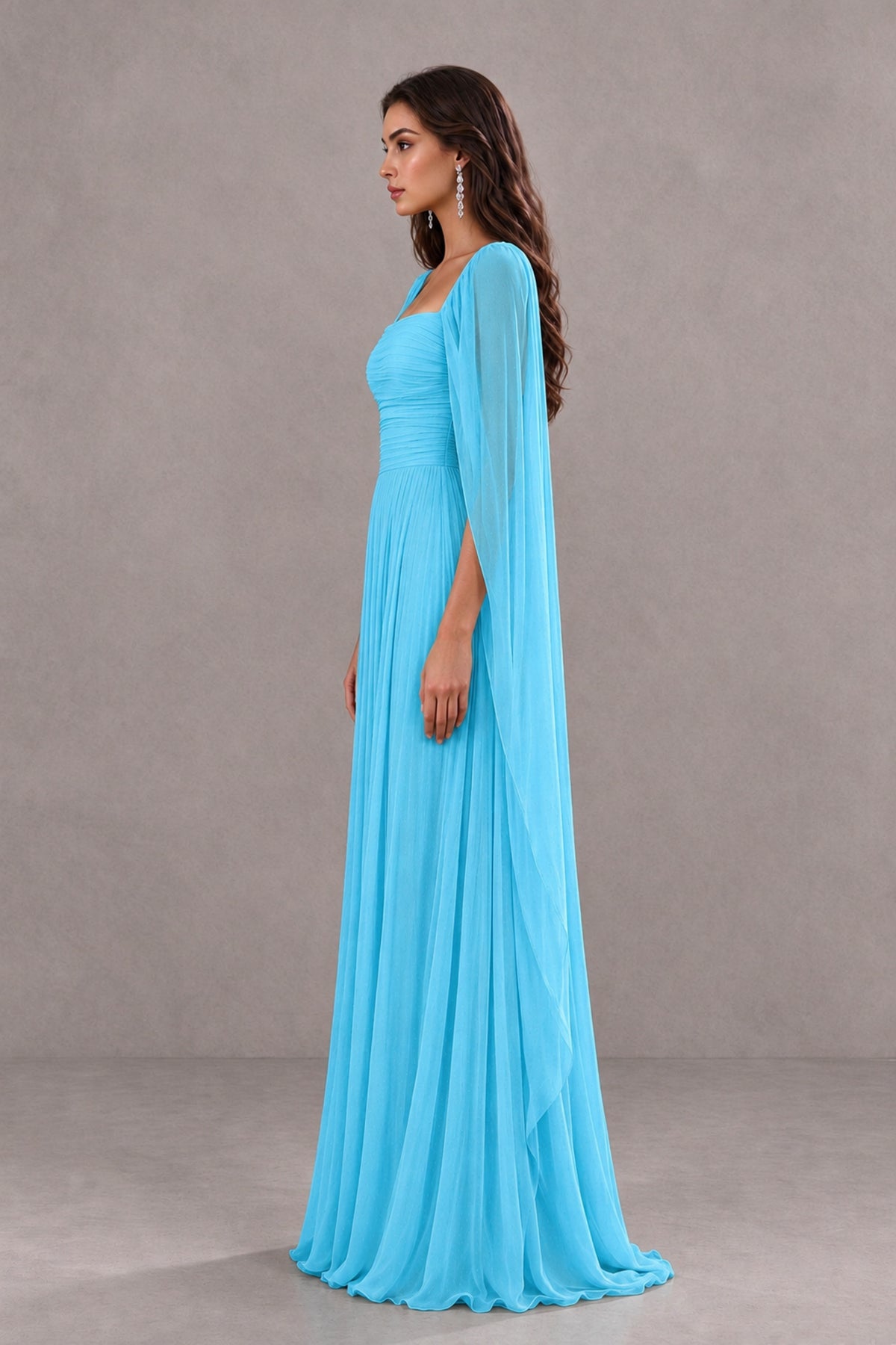 BOLODOO Pool Square Neck Cape Sleeve A-Line Evening Dress - Pool - Pool_4