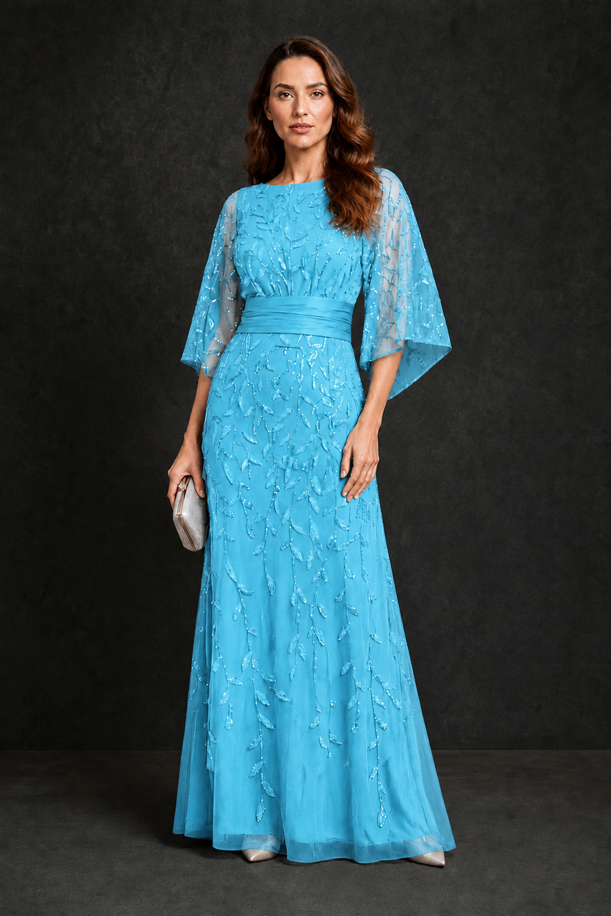 BOLODOO Pool Bateau Neck Bell Sleeve Sequin Embroidered Satin Waist A-Line Maxi Dress - Pool - Pool_4