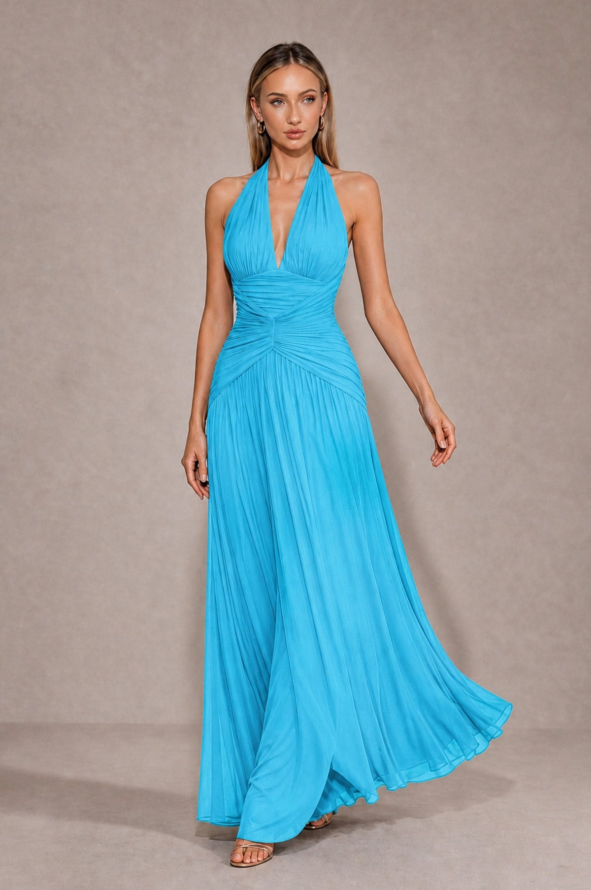 BOLODOO Pool Chiffon Halter Deep V-Neck Ruched A-Line Backless Maxi Dress with Train-BD0167 - Pool - Pool_4