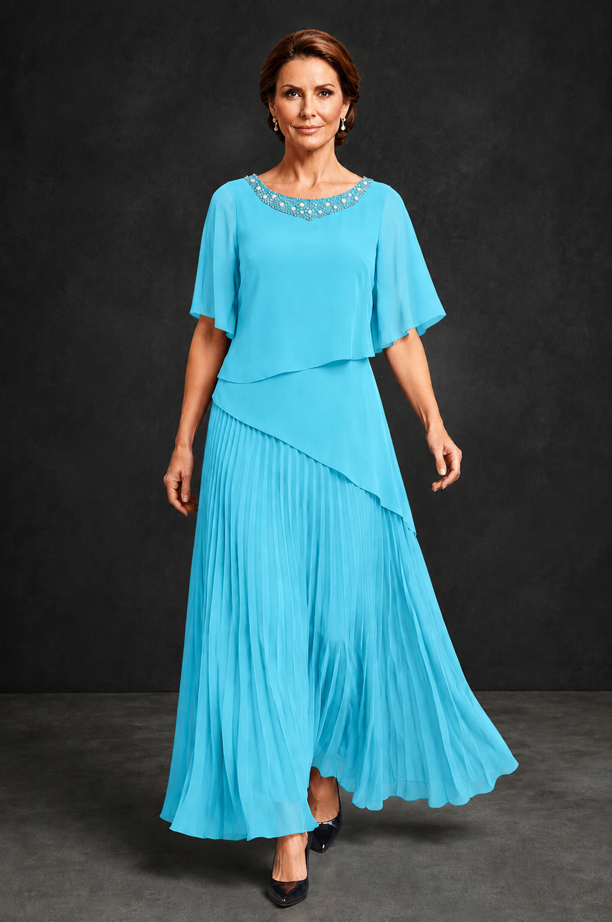BOLODOO Pool Pearl Beaded Neck Asymmetric Tiered Flutter Sleeve Pleated Chiffon Maxi Dress - Pool - Pool_4