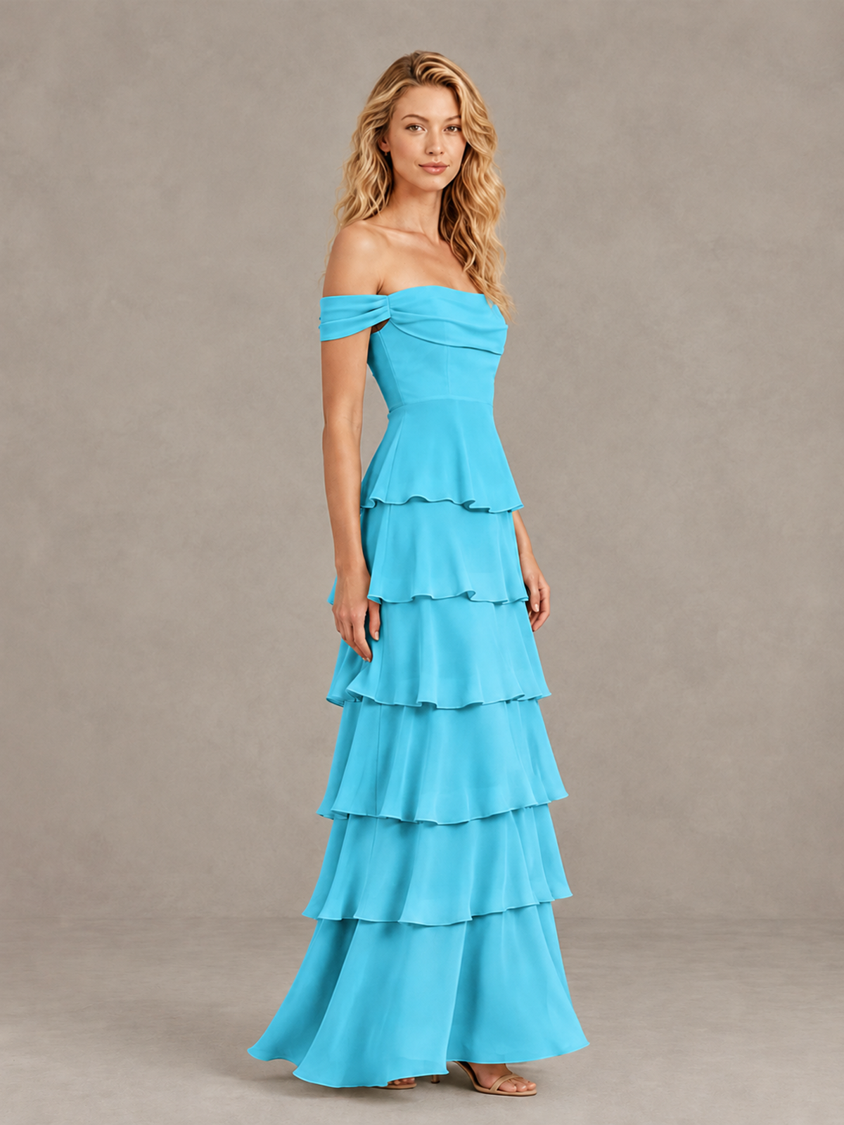 BOLODOO Pool Off-Shoulder Tiered Ruffle Bridesmaid Dress with Lace-Up Back - Pool - Pool_4