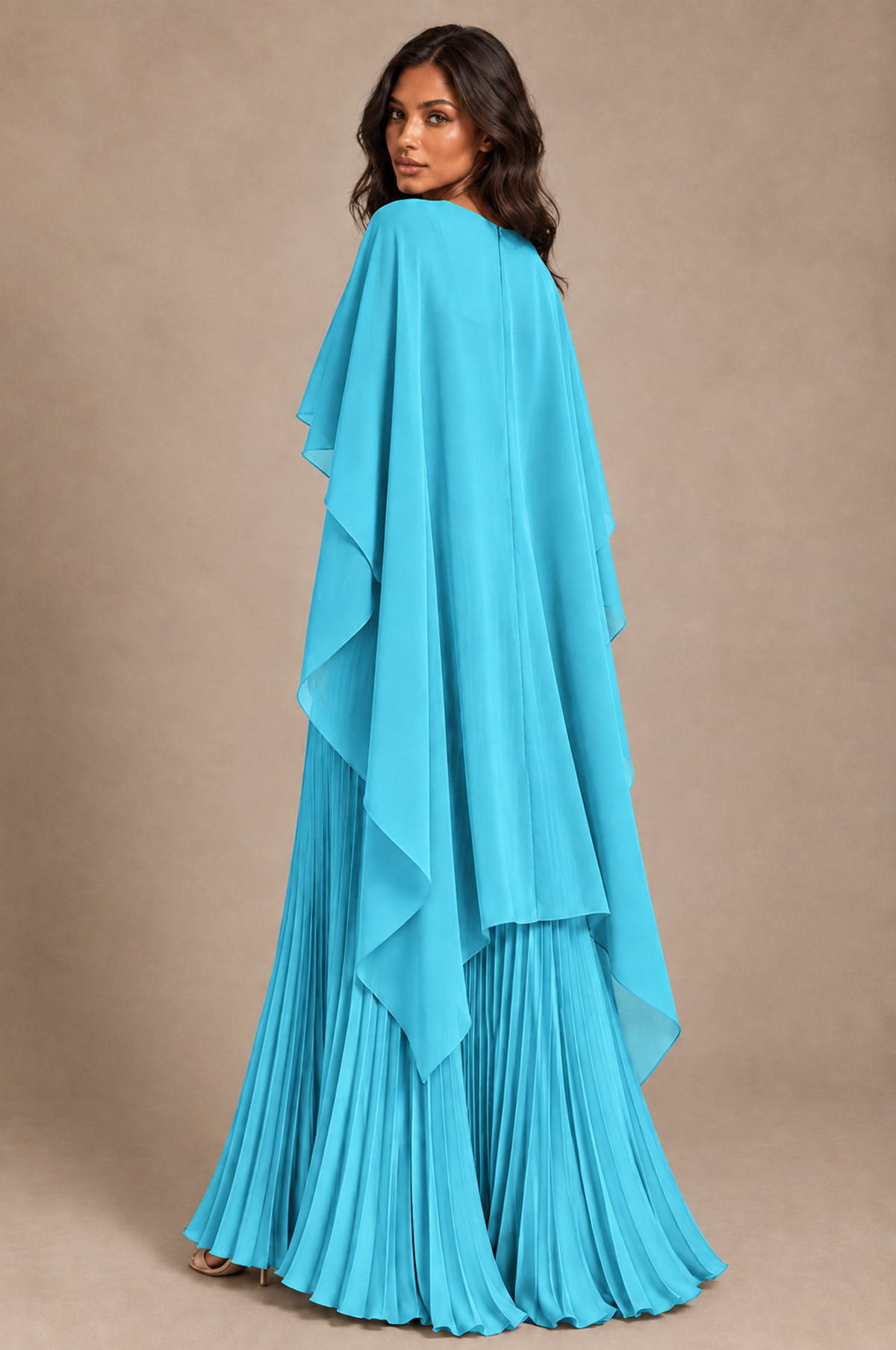 BOLODOO Pool Pleated Cape A-Line Evening Dress - Pool - Pool_4