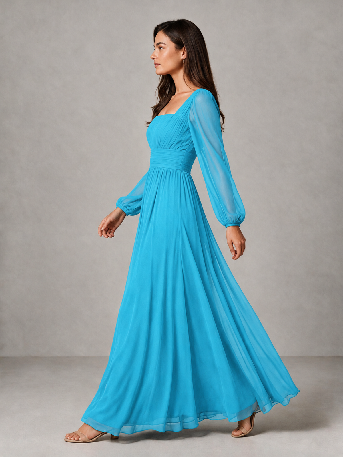 BOLODOO Pool Square Neck Long Sleeve Chiffon Bridesmaid Dress - Pool - Pool_4