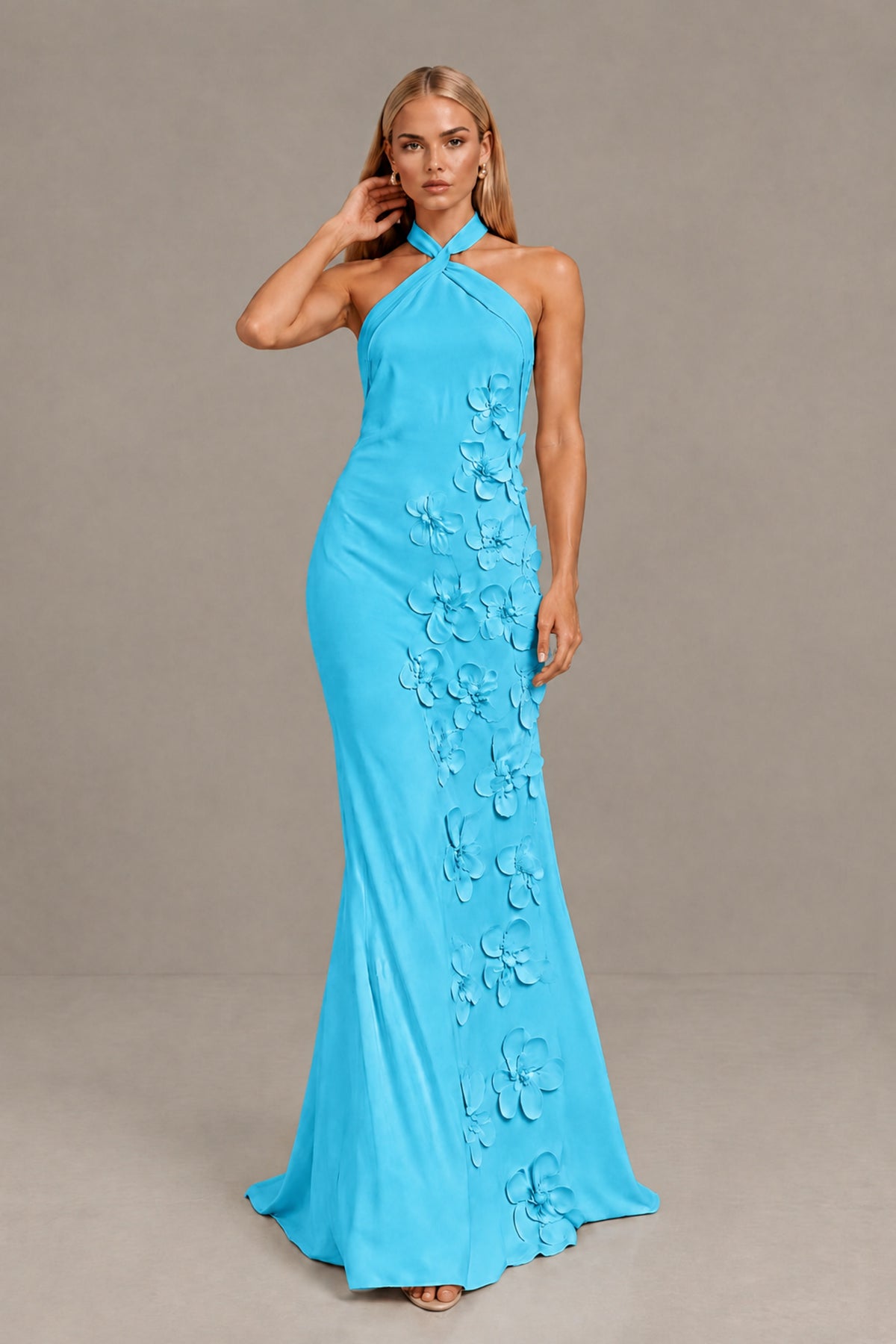 BOLODOO Pool Cross Halter Neck 3D Floral Appliqué Backless Mermaid Maxi Gown - Pool - Pool_4