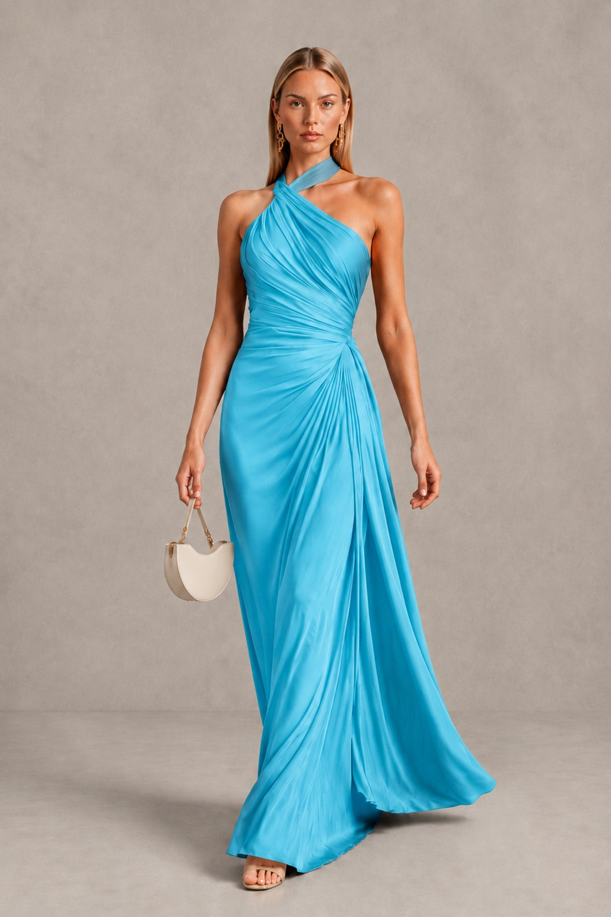 BOLODOO Pool Twisted Halter Neck Ruched Sleeveless Open Back Floor-Length Gown - Pool - Pool_4