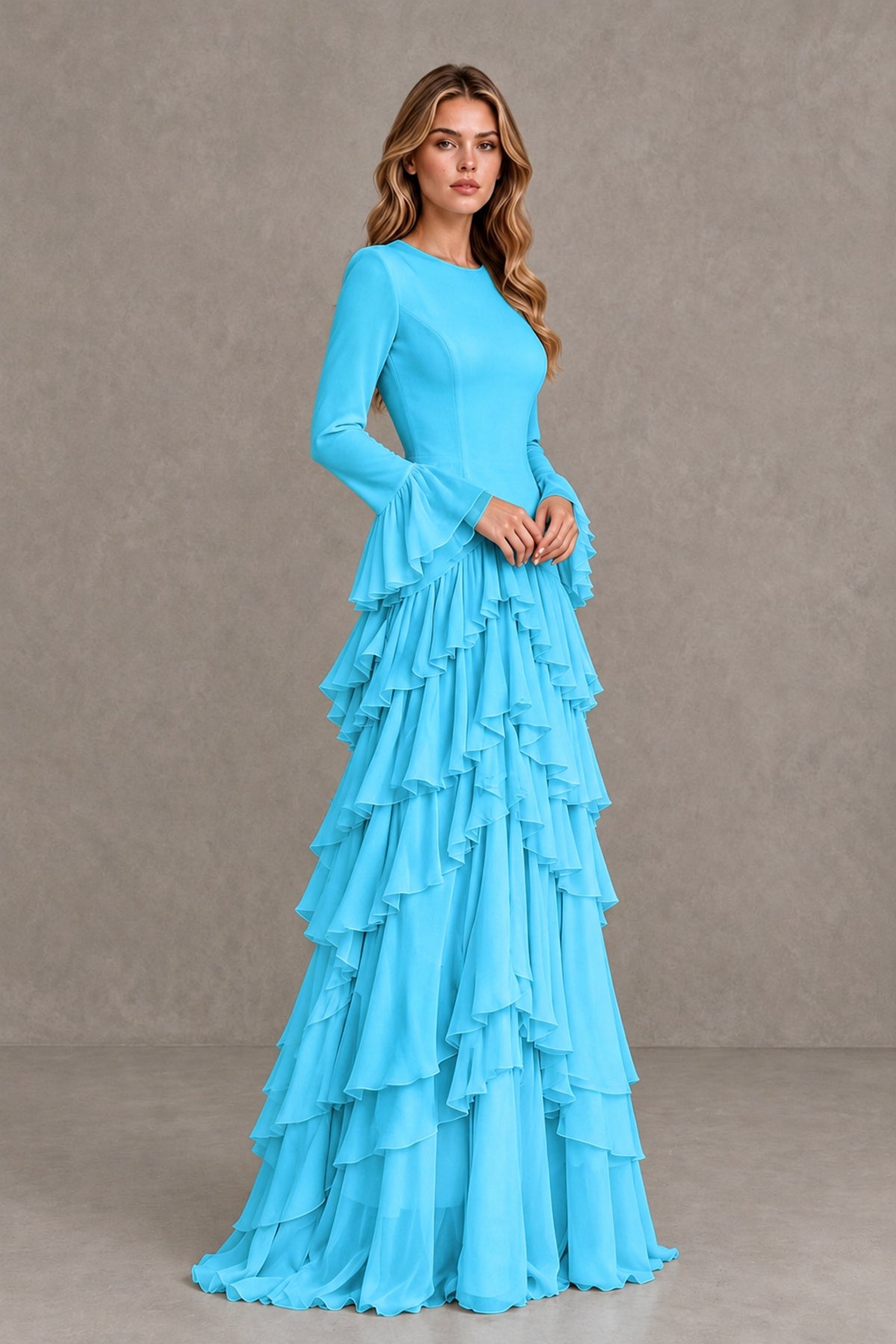 Pool Long Sleeve Tiered Ruffle Evening Gown - Pool - Pool_4
