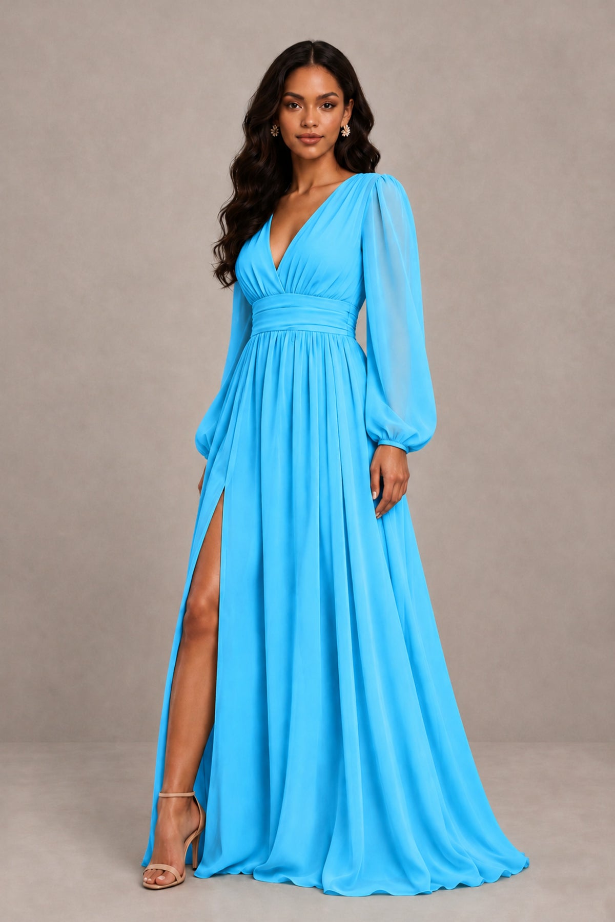 BOLODOO Pool Long Sleeve V-Neck A-Line Gown with Open Back & Slit - Pool - Pool_4