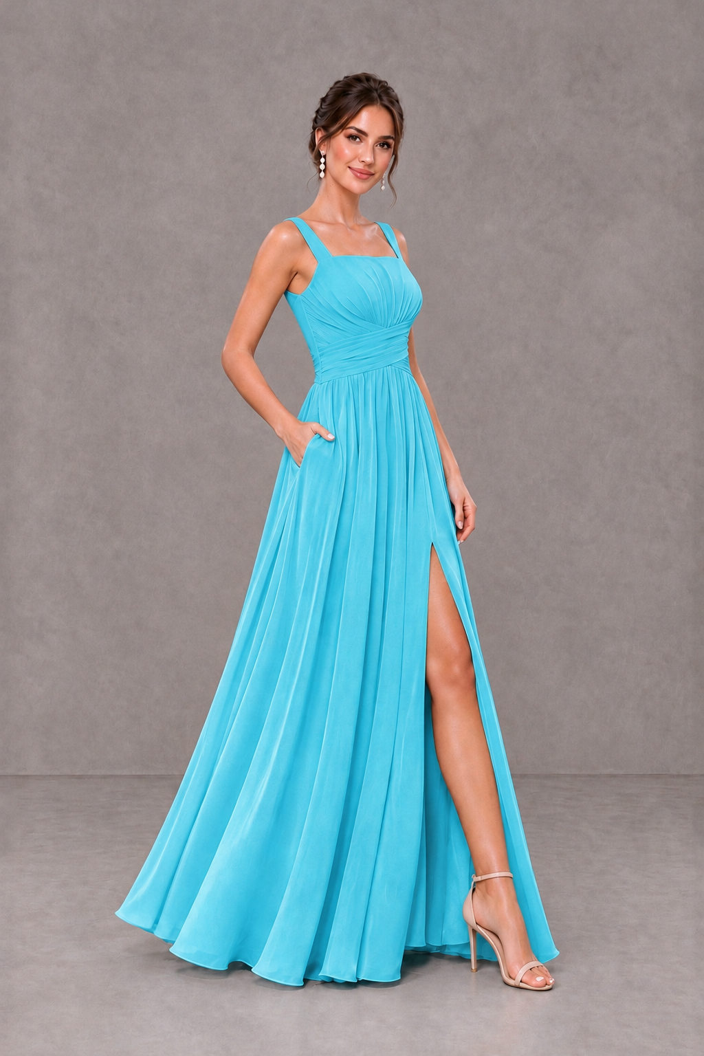 BOLODOO Pool Square Neck A-Line Bridesmaid Dress with Slit - Pool - Pool_4