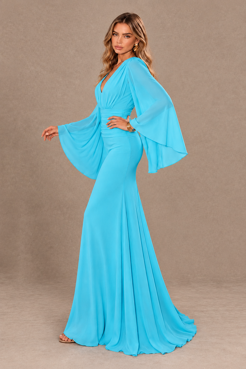 BOLODOO Pool Cape Sleeve V-Neck Ruched Chiffon Evening Dress - Pool - Pool_4