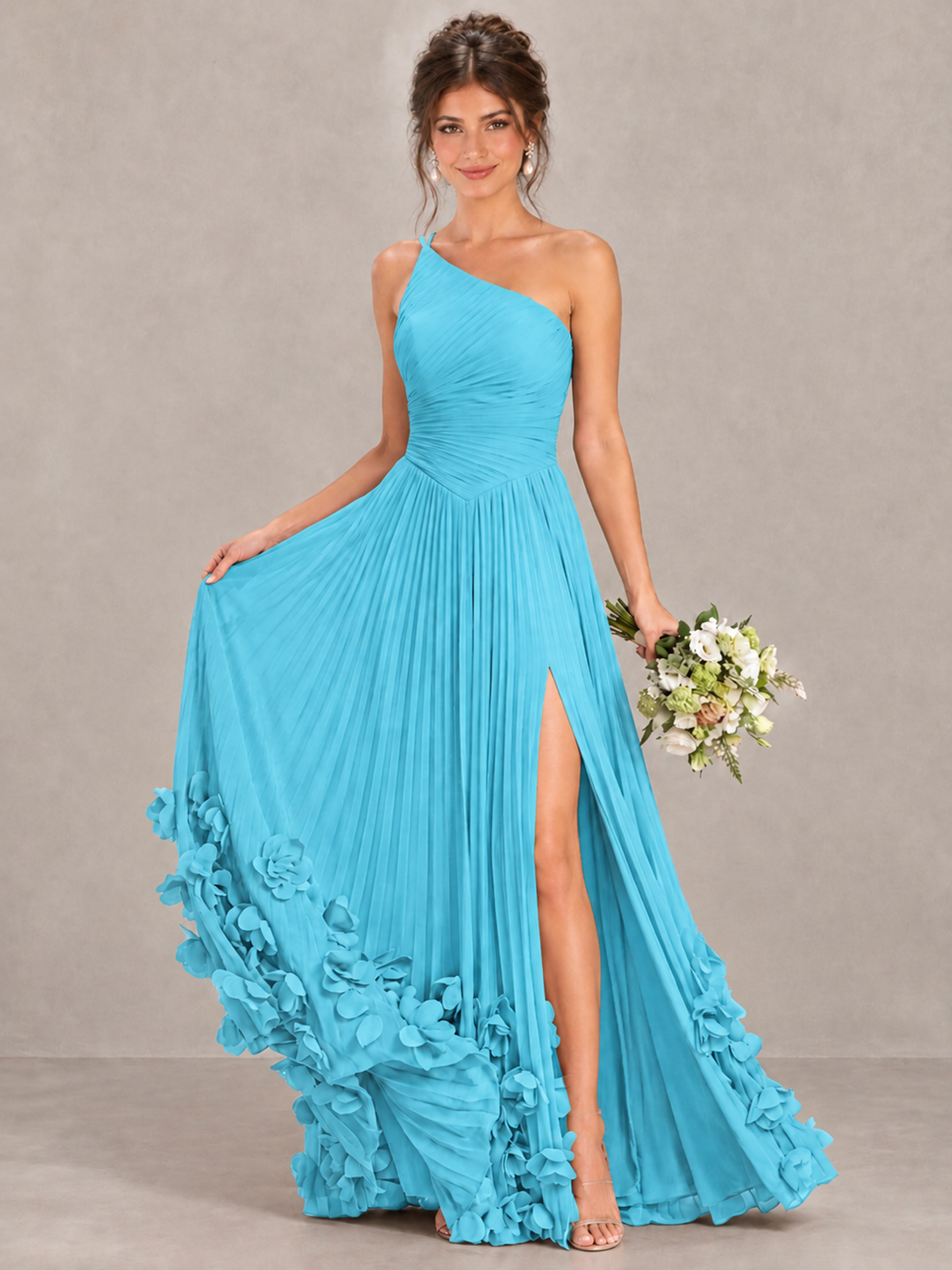 BOLODOO Pool One-Shoulder Pleated Bridesmaid Dress with 3D Floral Hem - Pool - Pool_4