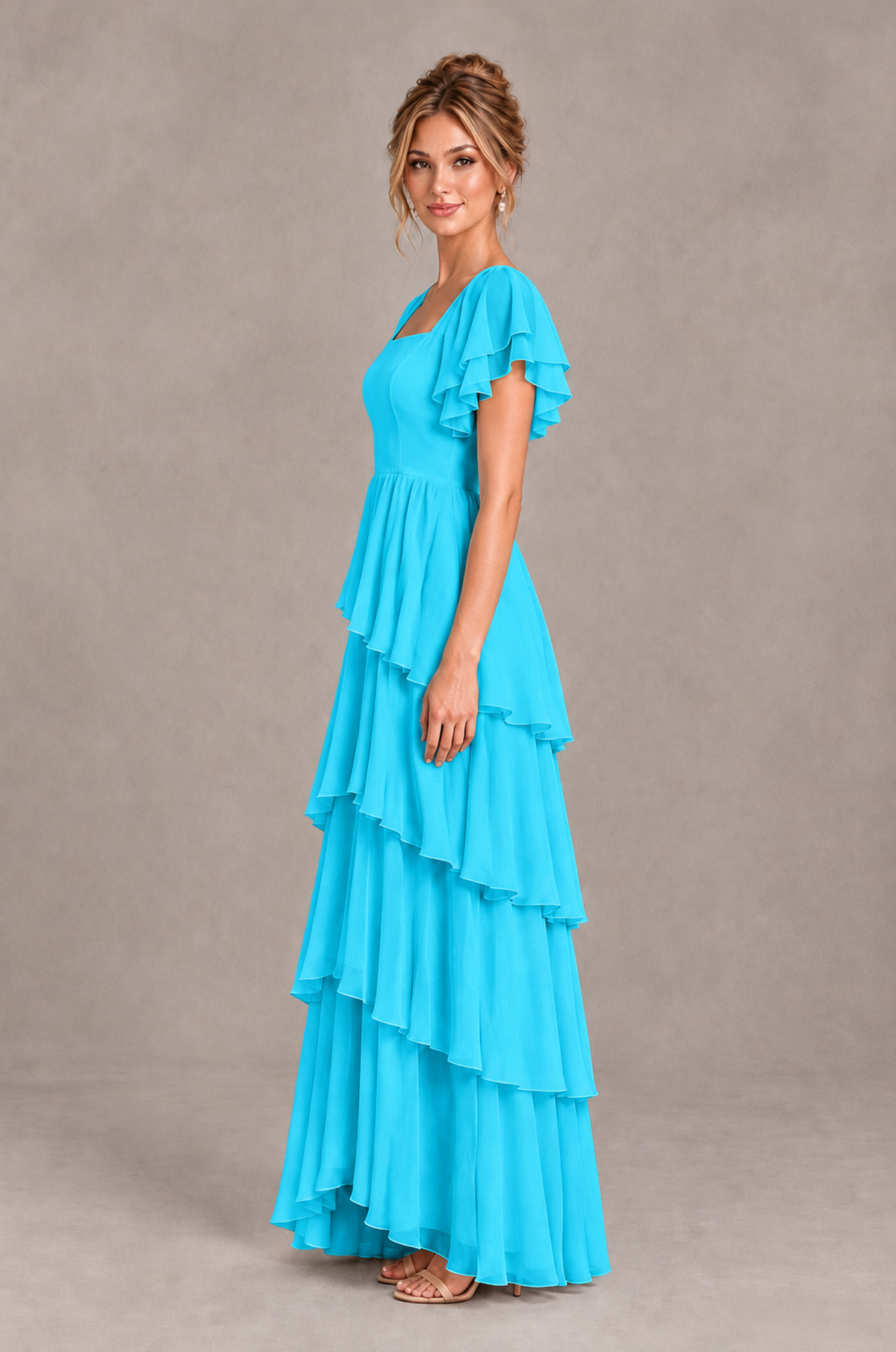 BOLODOO Pool Square Neck Flutter Sleeve Tiered Chiffon Bridesmaid Dress with Lace-Up Back - Pool - Pool_4