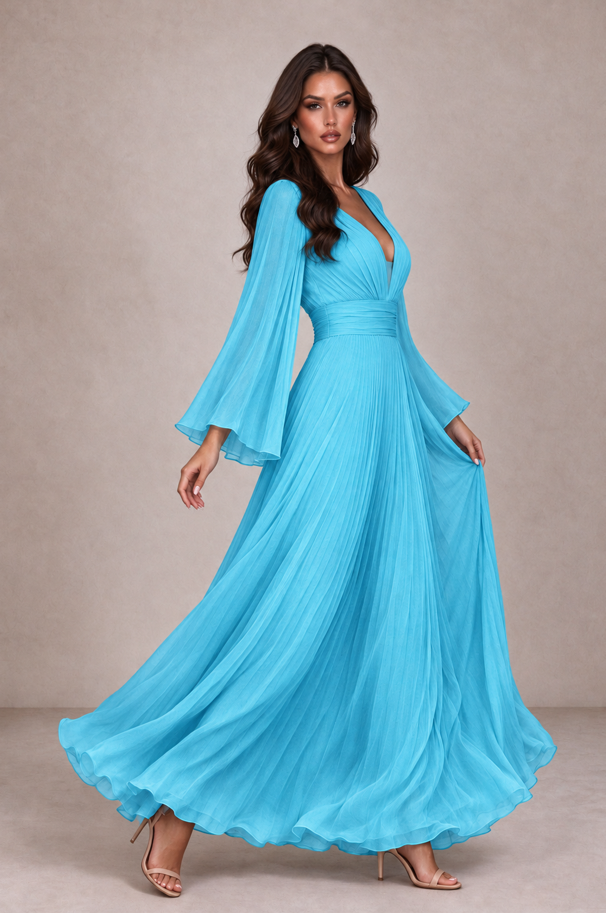 BOLODOO Pool Pleated Deep V-Neck Long Bell Sleeve Evening Dress - Pool - Pool_4