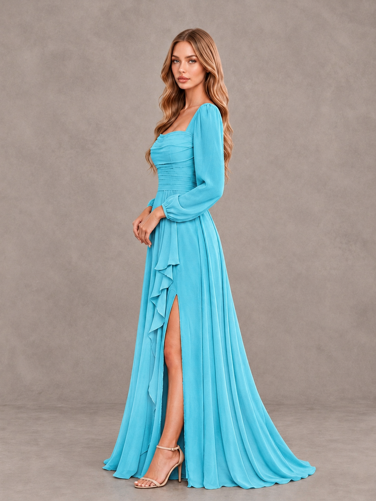 BOLODOO Pool Square Neck Long Sleeve Bridesmaid Dress with Ruffle Slit - Pool - Pool_4