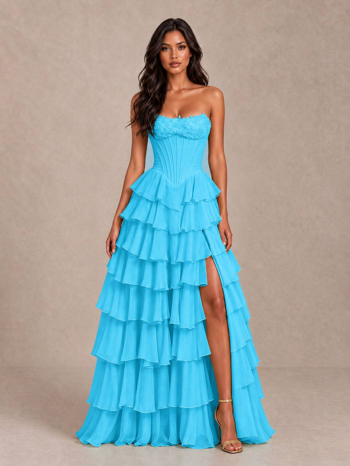 BOLODOO Pool Strapless Corset Tiered Ruffle Prom Dress with High Slit - Pool - Pool_4