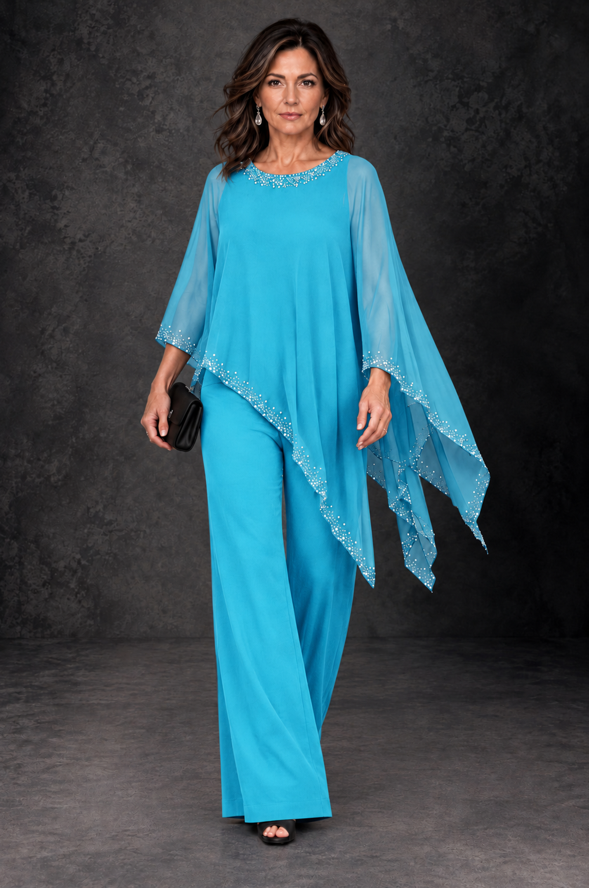 BOLODOO Pool Embellished Cape Mother of the Bride Pantsuit - Pool - Pool_4
