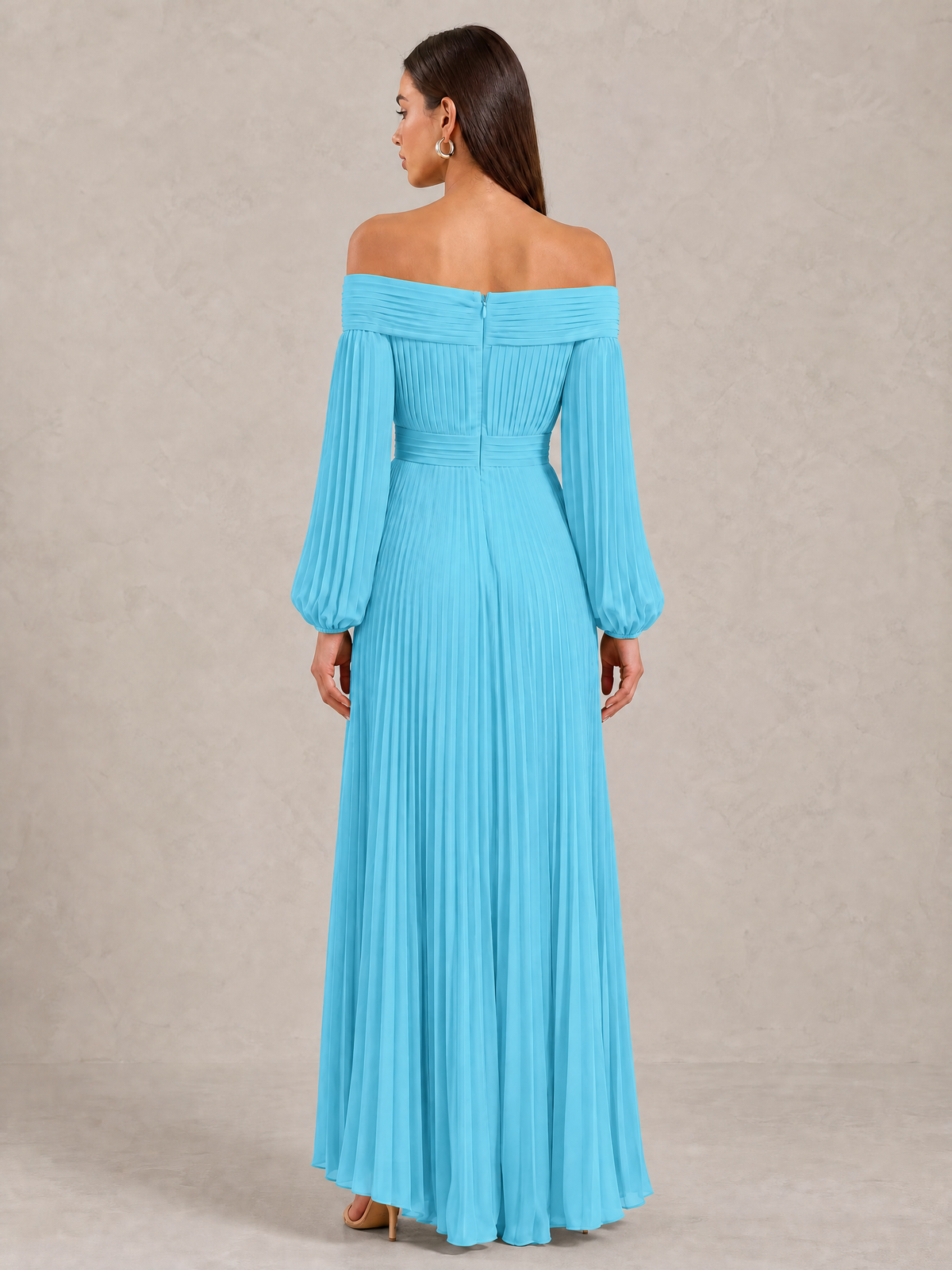 BOLODOO Pool Off-Shoulder Long Sleeve Pleated High-Low Dress - Pool - Pool_4