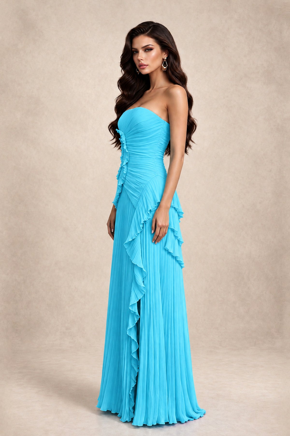 BOLODOO Pool Strapless Ruffle Pleated Slit Evening Gown - Pool - Pool_4