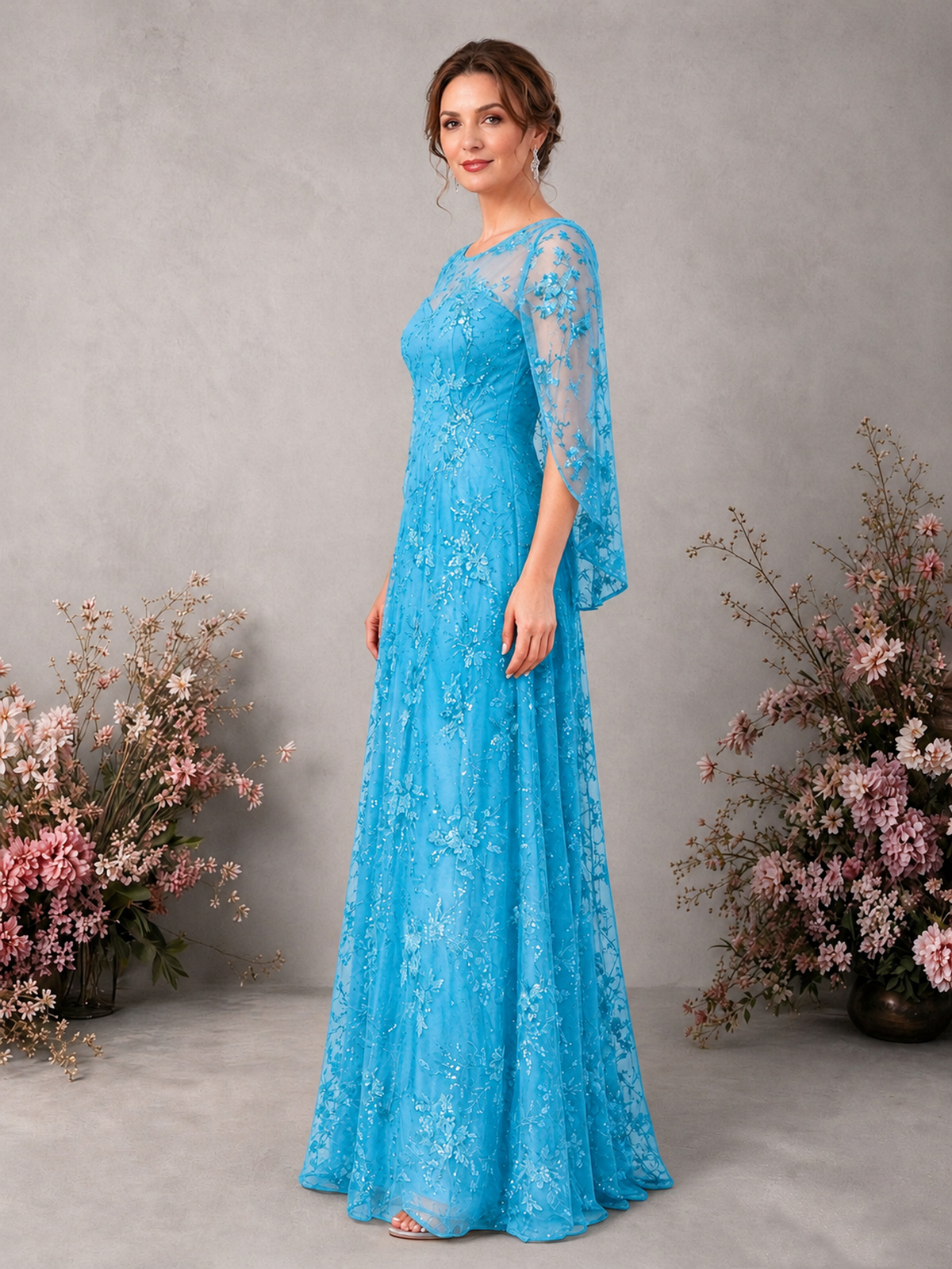 BOLODOO Pool Sequin Lace Cape Sleeve Formal Evening Gown - Pool - Pool_4