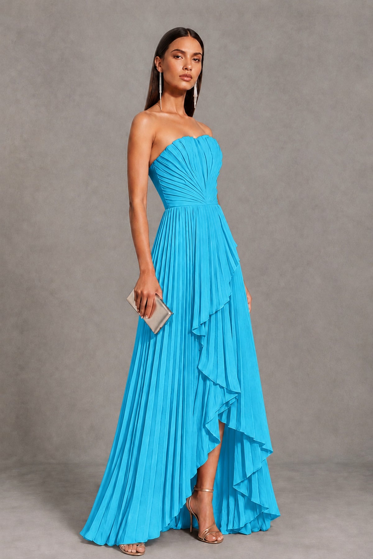 Pool Strapless Pleated High-Low Evening Gown with Ruffle Hem - Pool - Pool_4