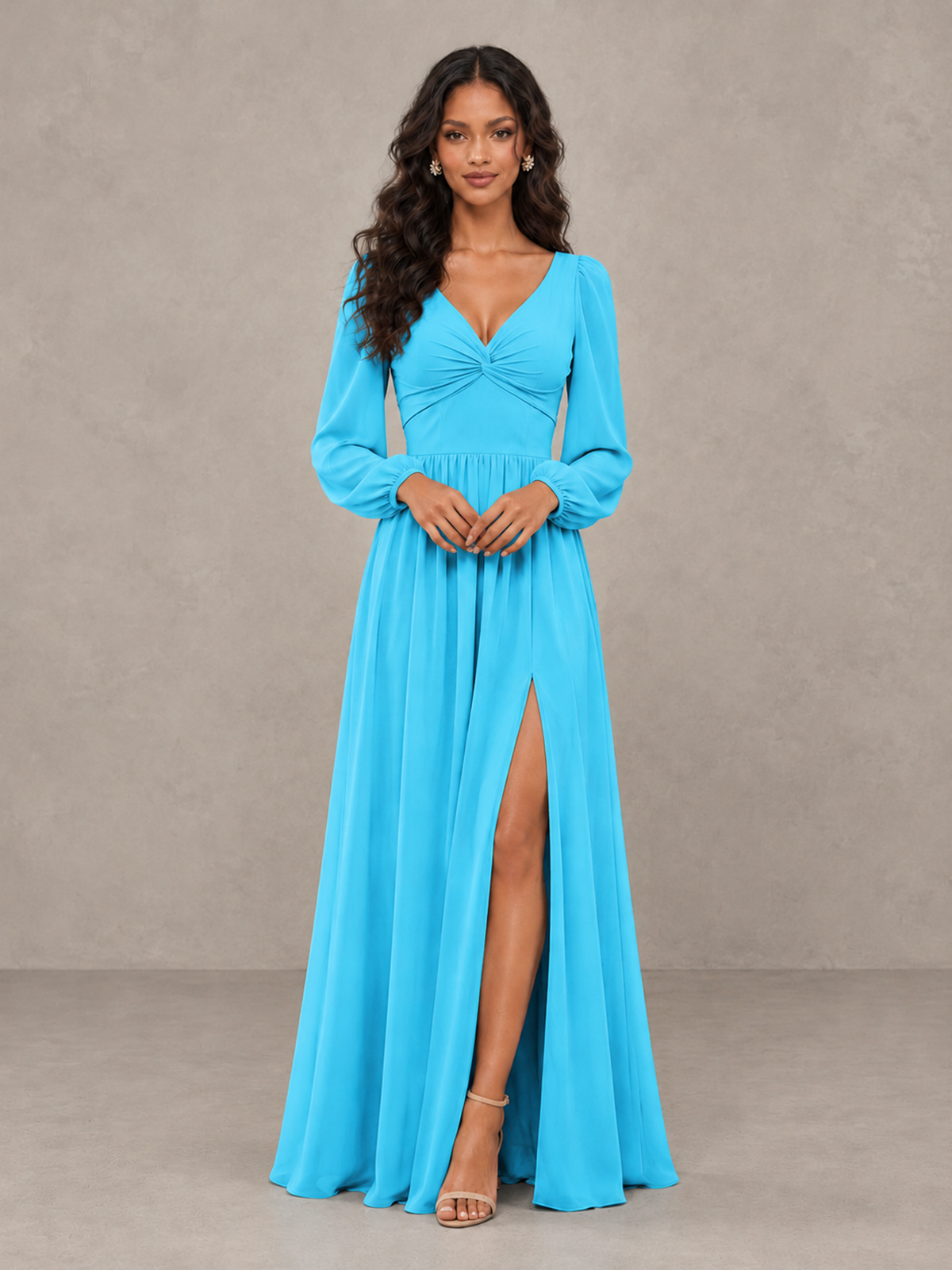 BOLODOO Pool V-Neck Long Sleeve Bridesmaid Dress with Tie Back and Slit - Pool - Pool_5