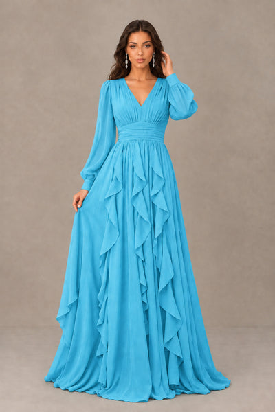 BOLODOO Pool Long Sleeve V-Neck Ruffle Maxi Dress - Pool - Pool (1)