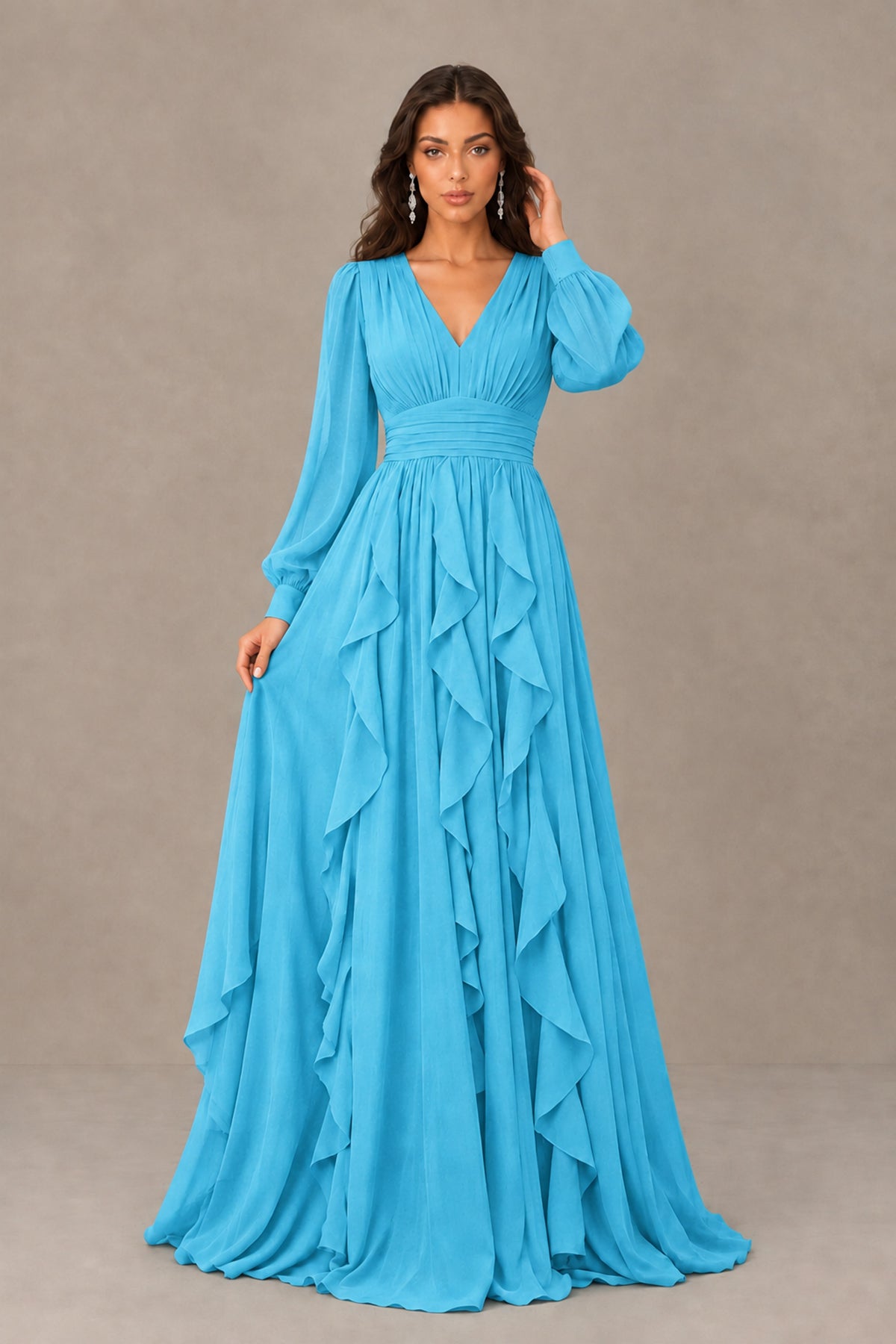 BOLODOO Pool Long Sleeve V-Neck Ruffle Maxi Dress - Pool - Pool (1)