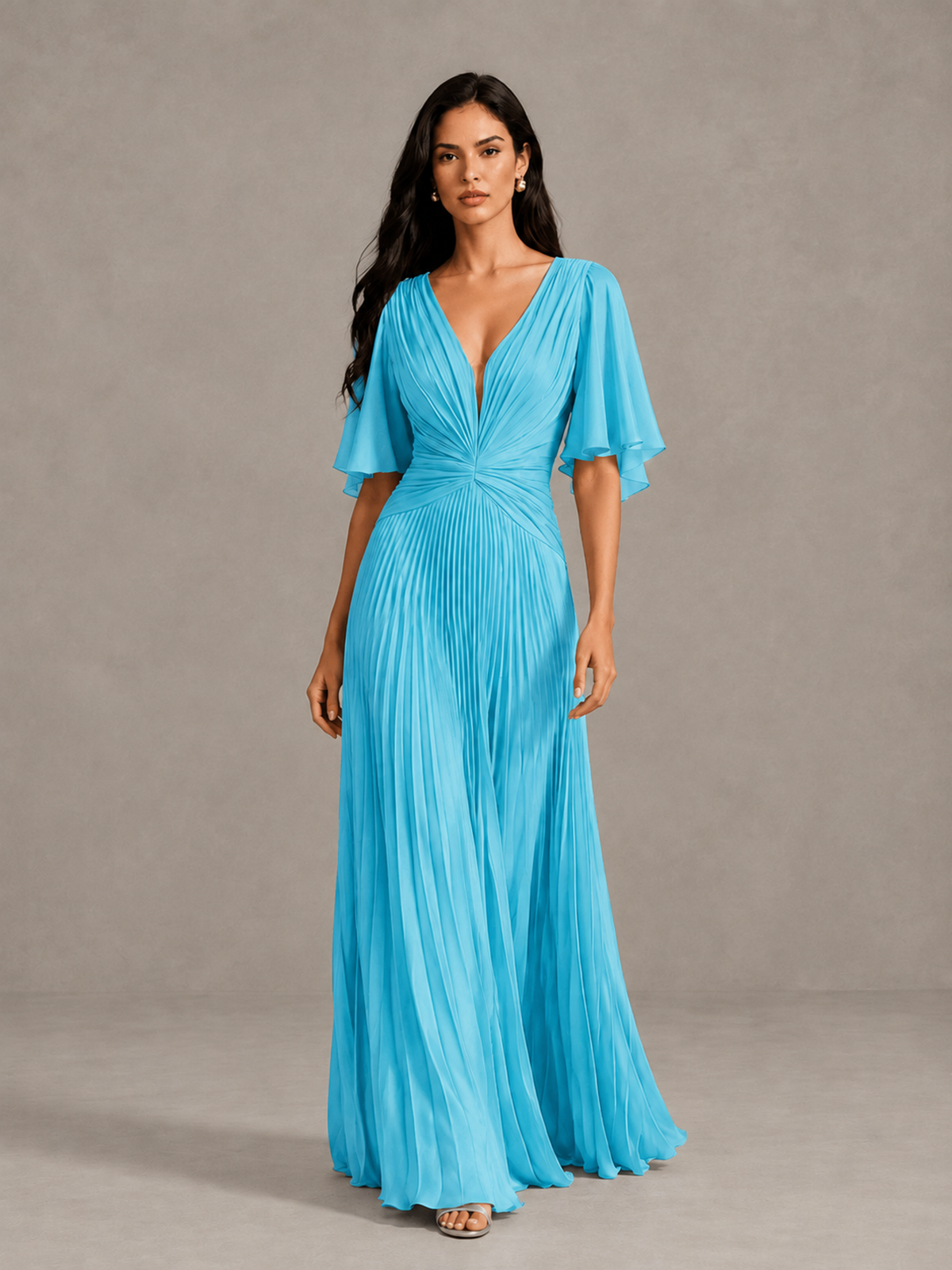 BOLODOO Pool Pleated V-Neck Flutter Sleeve Bridesmaid Dress - Pool - Pool (1)