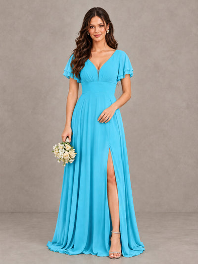 BOLODOO Pool Flutter Sleeve Chiffon A-Line Maxi Bridesmaid Dress with Open Back & Slit - Pool - Pool (1)