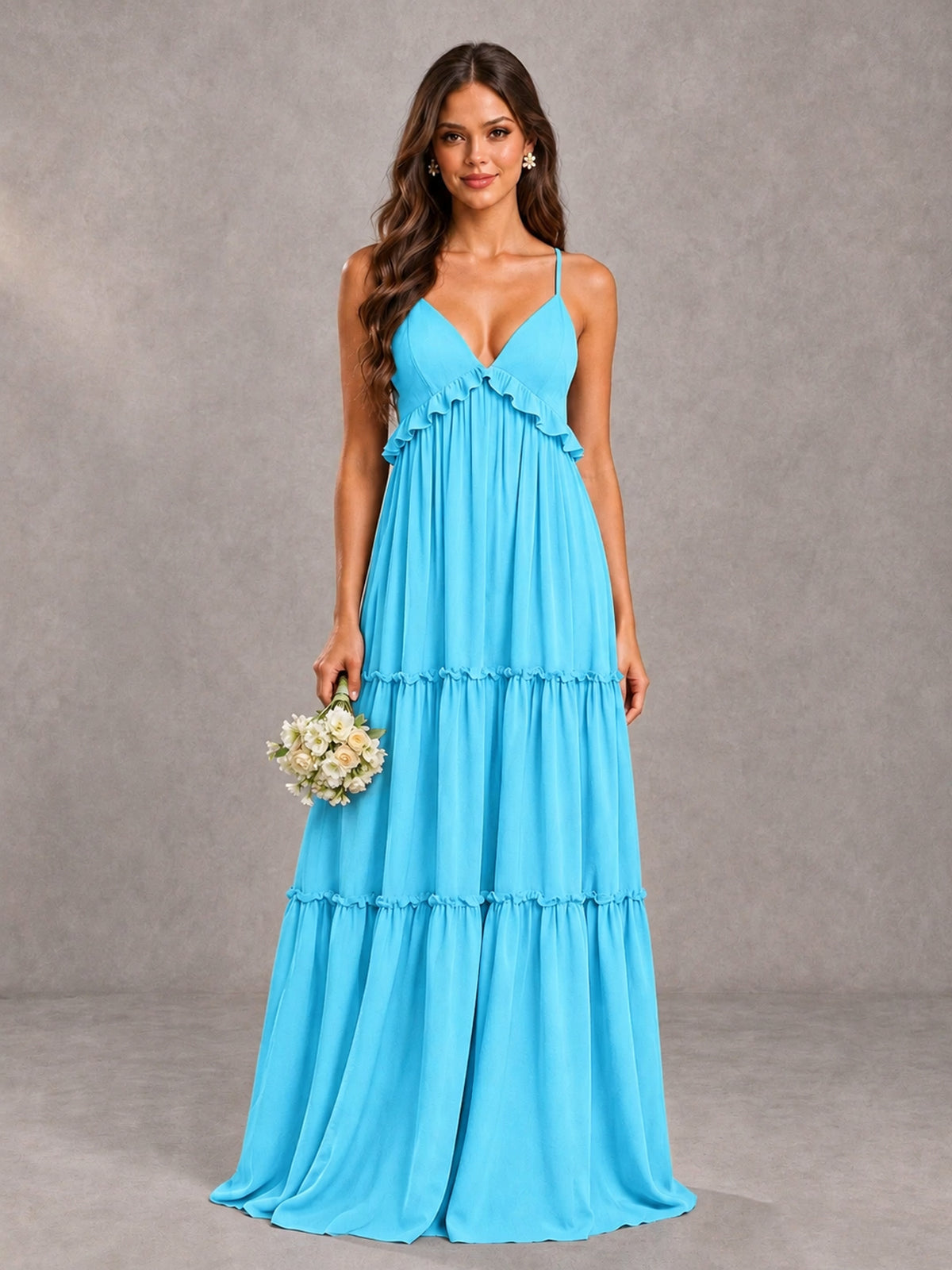 BOLODOO Pool Tiered V-Neck Lace-Up Back Bridesmaid Dress - Pool - Pool (1)