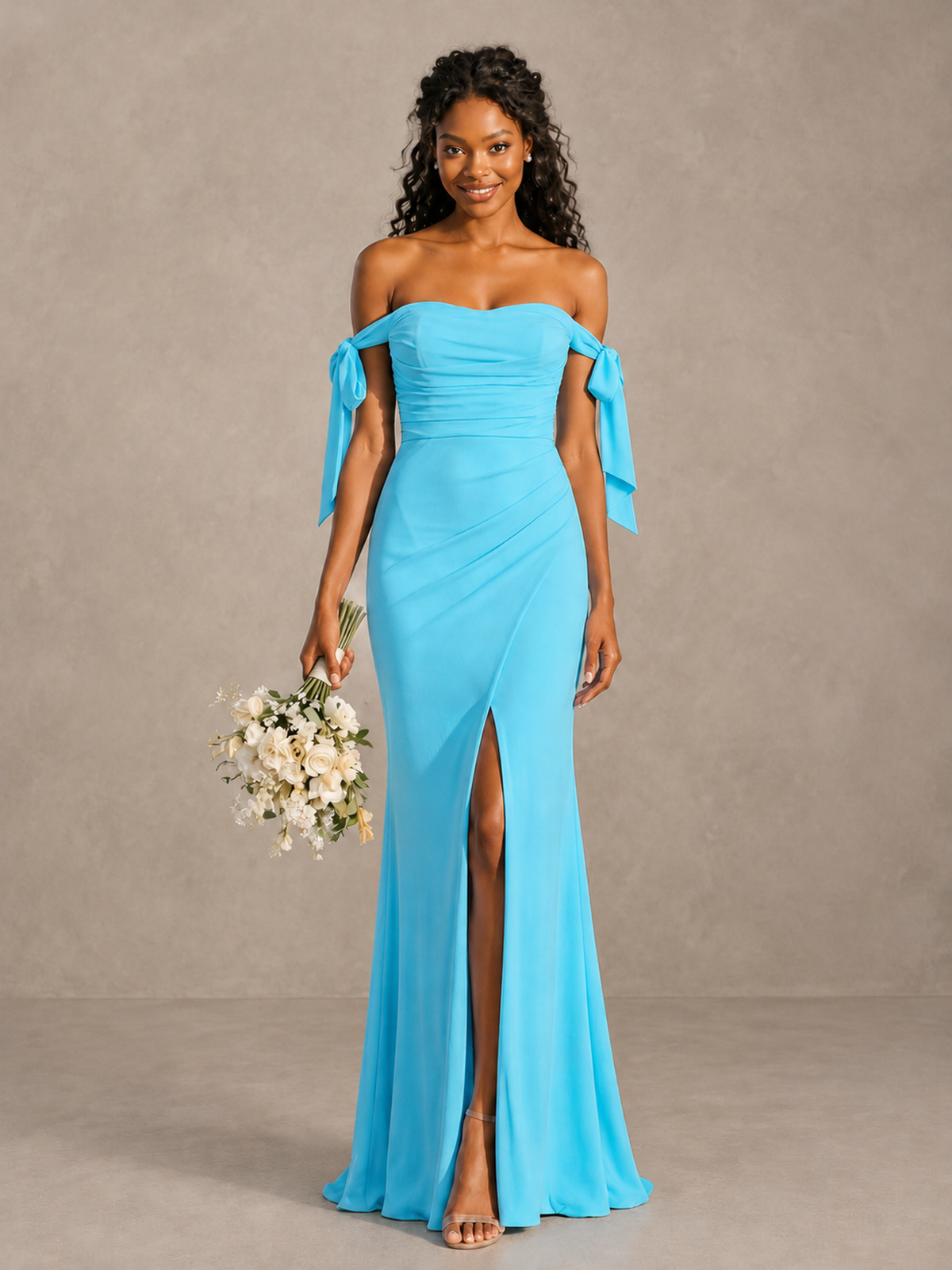 Pool Off-Shoulder Bow Bridesmaid Dress with Slit - Pool - Pool (1)