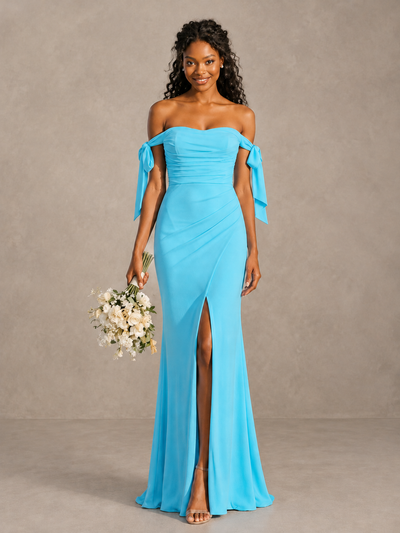 Pool Off-Shoulder Bow Bridesmaid Dress with Slit - Pool - Pool (1)