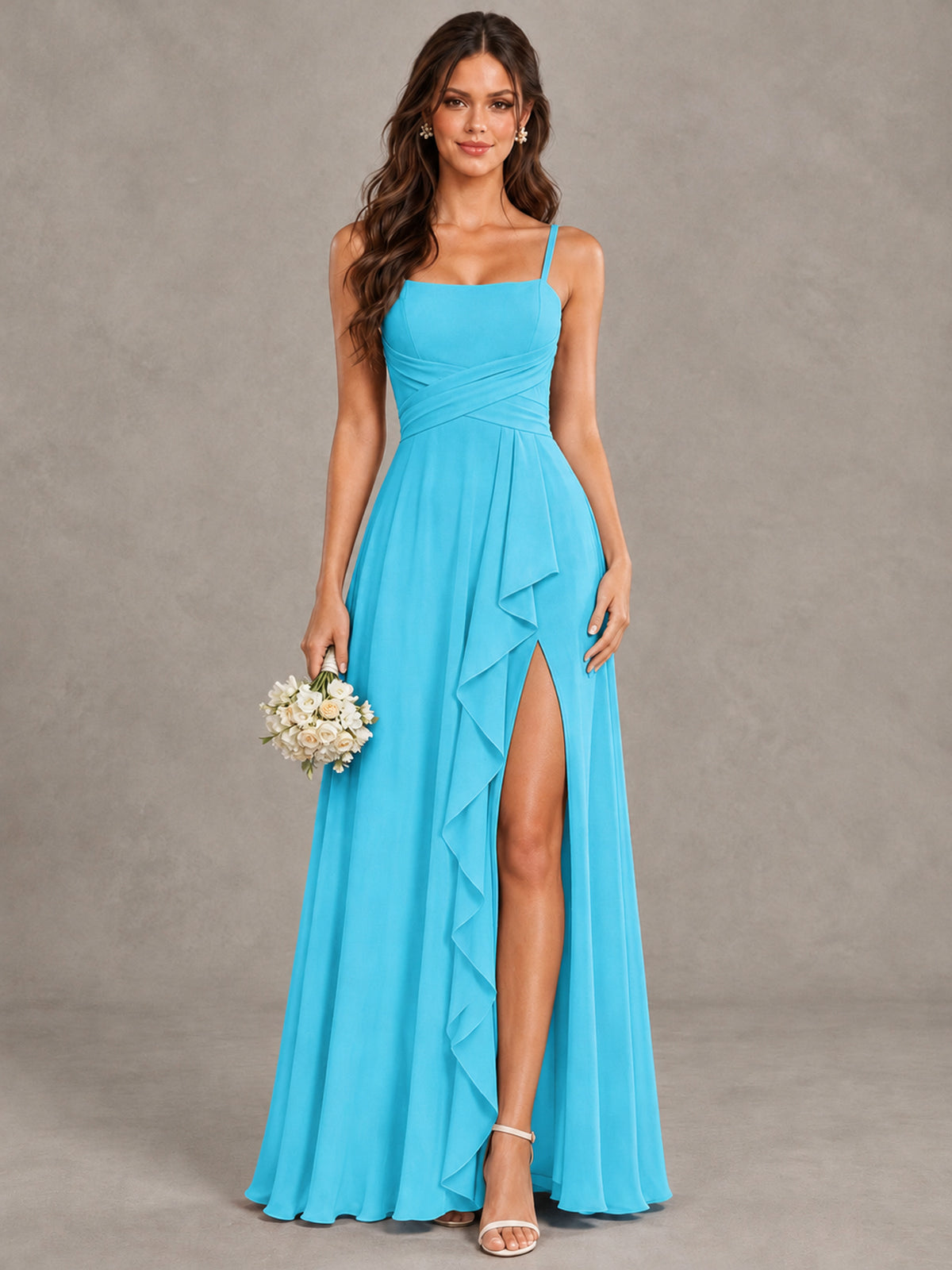 BOLODOO Pool Spaghetti Strap Ruffle Bridesmaid Dress with Slit - Pool - Pool (1)