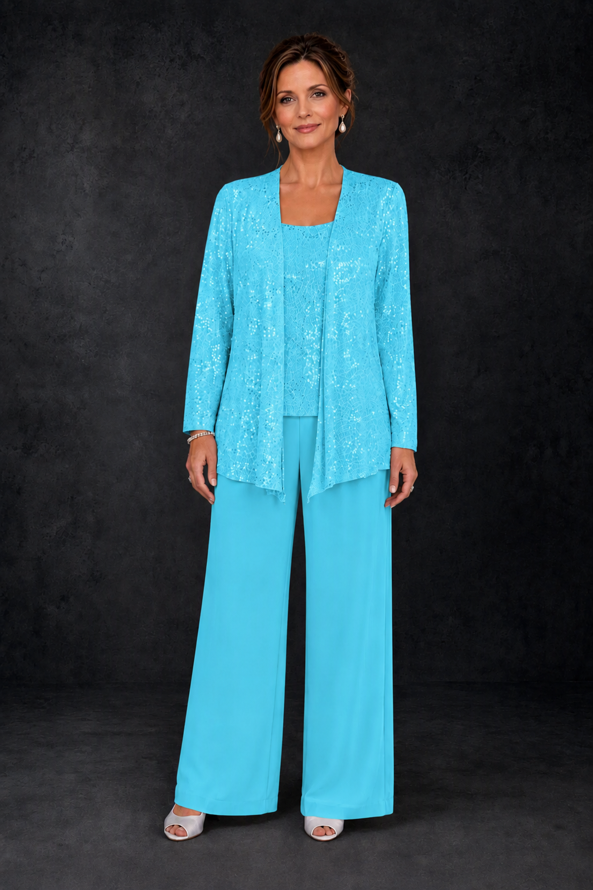 BOLODOO Pool Sequin Lace 3-Piece Pant Suit with Long Sleeve Jacket - Pool - Pool (1)