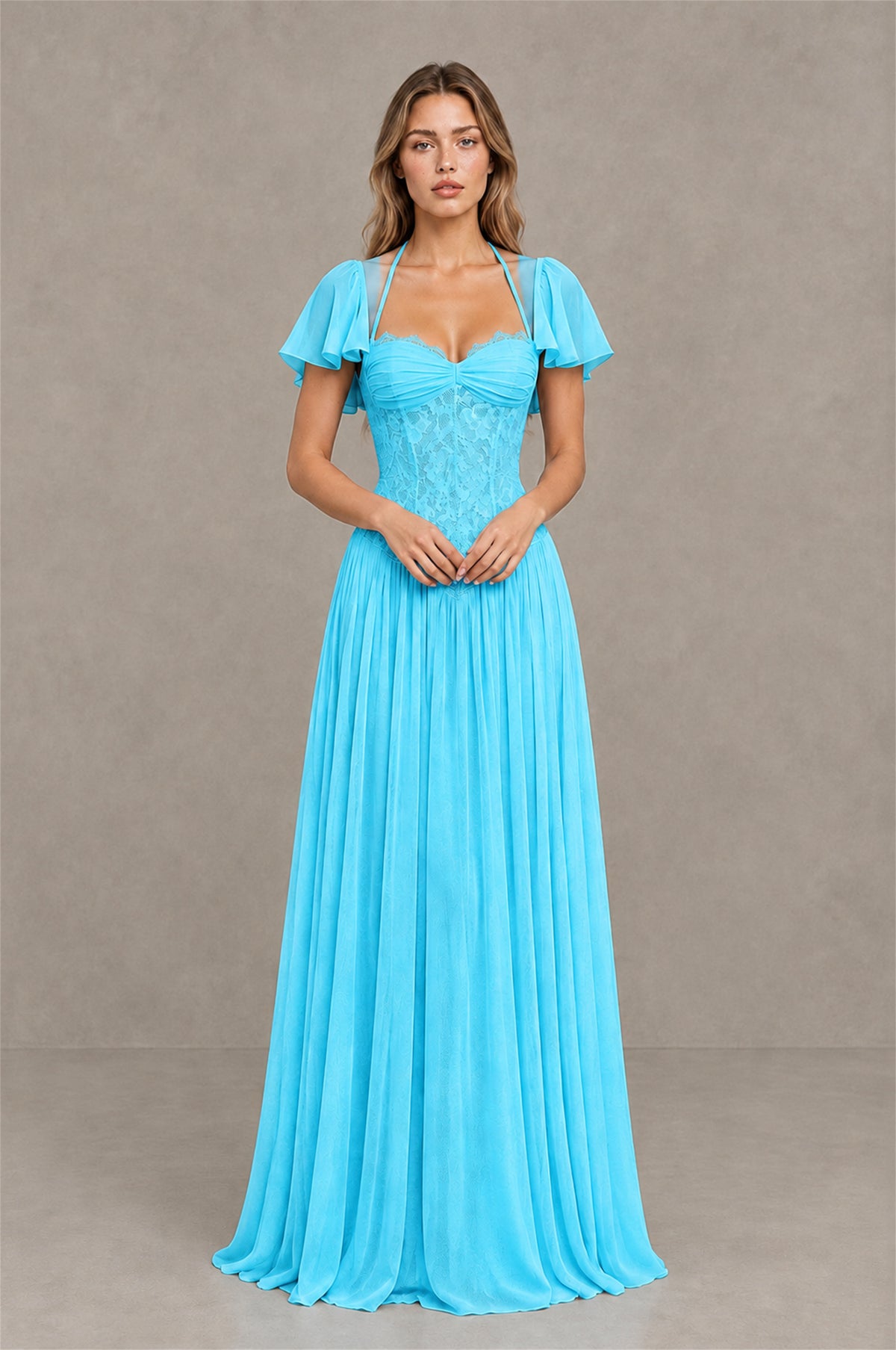BOLODOO Pool Flutter Sleeve Lace Corset A-Line Maxi Dress - Pool - Pool (1)