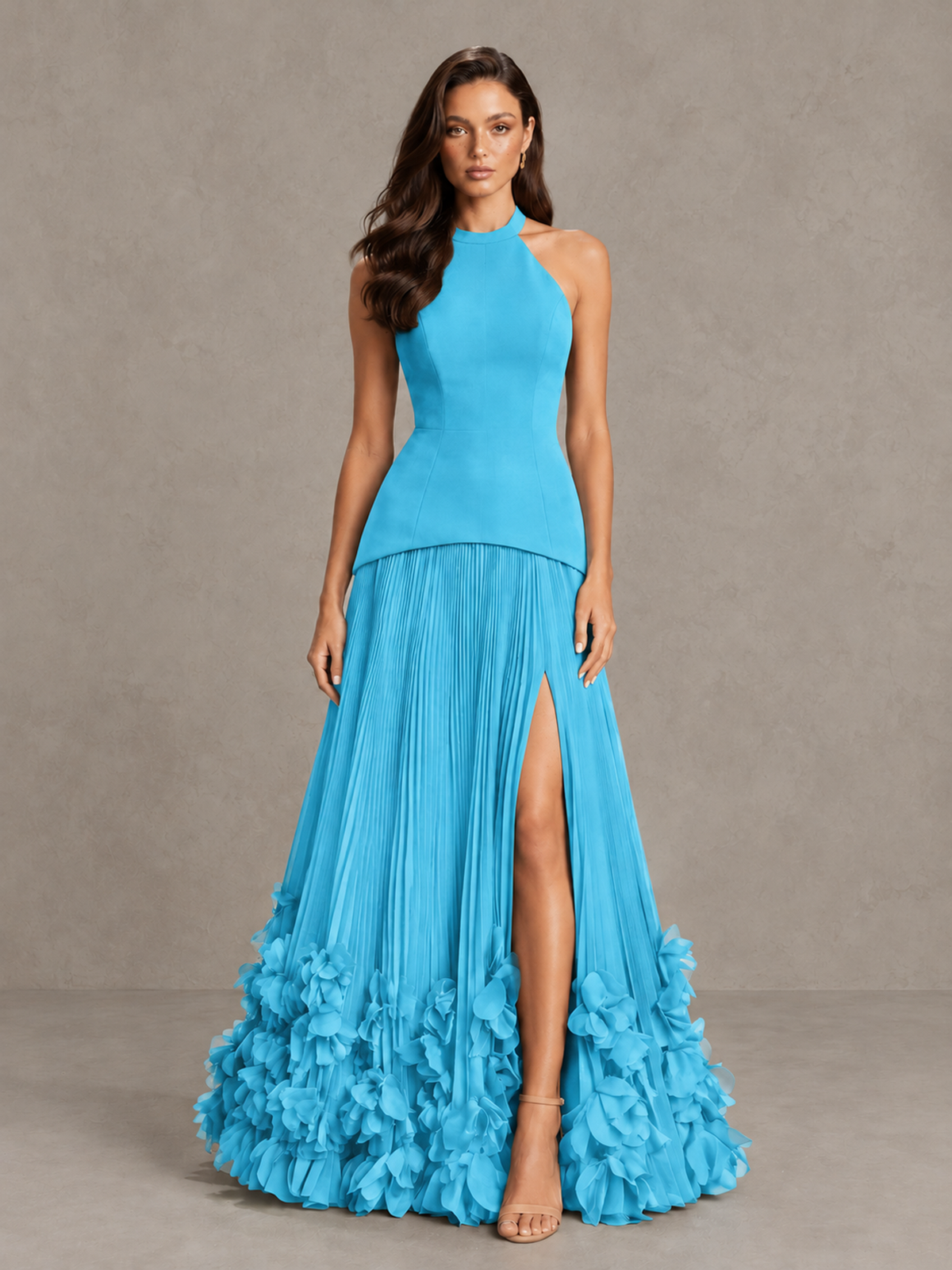 BOLODOO Pool Halter Neck Floor-Length Evening Gown with High Slit & 3D Floral Hem - Pool - Pool (1)